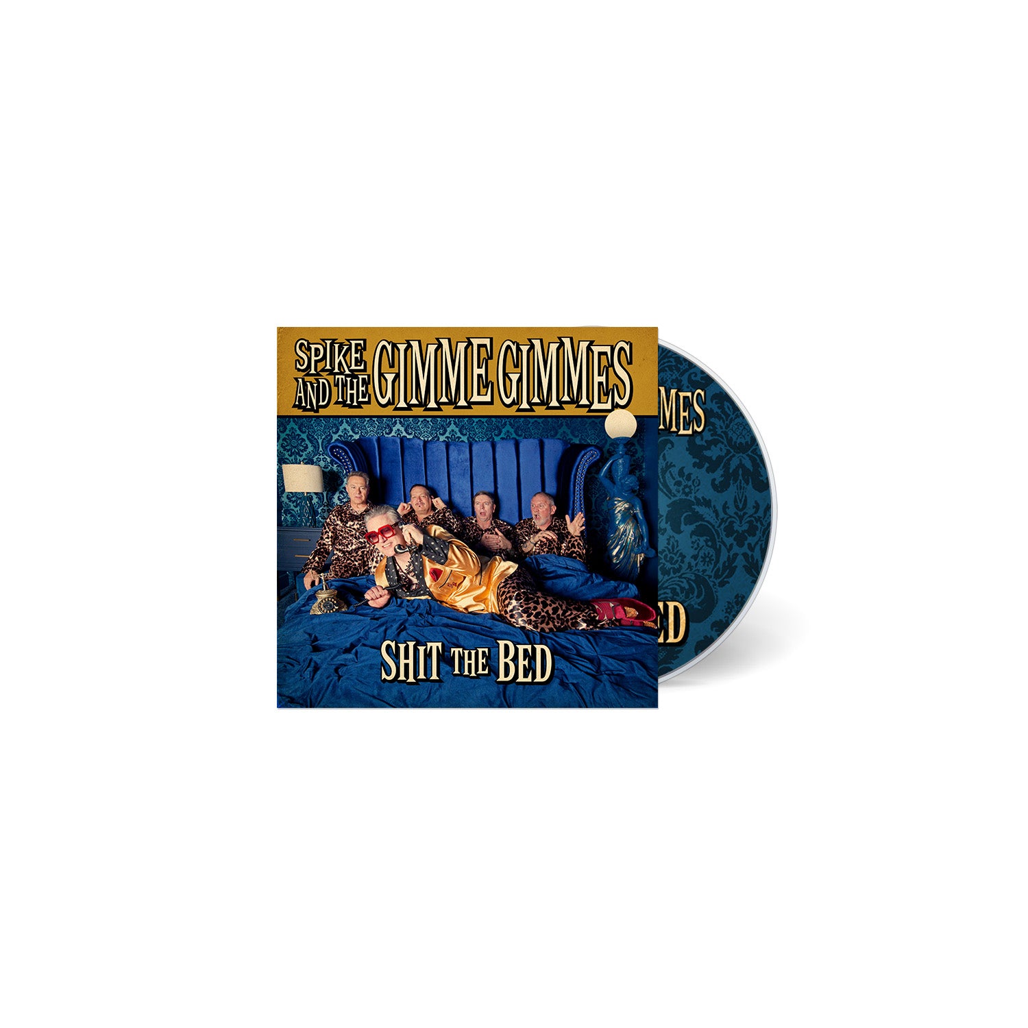 Five people in leopard print pajamas lounge on a blue bed on the CD cover for Shit the Bed by Spike and the Gimme Gimmes. The partially visible disc behind matches the blue and gold cover design, perfectly complementing the Limited Vinyl release, which comes pressed on a striking Brown Splatter LP housed in a vibrant 12″ Jacket.
