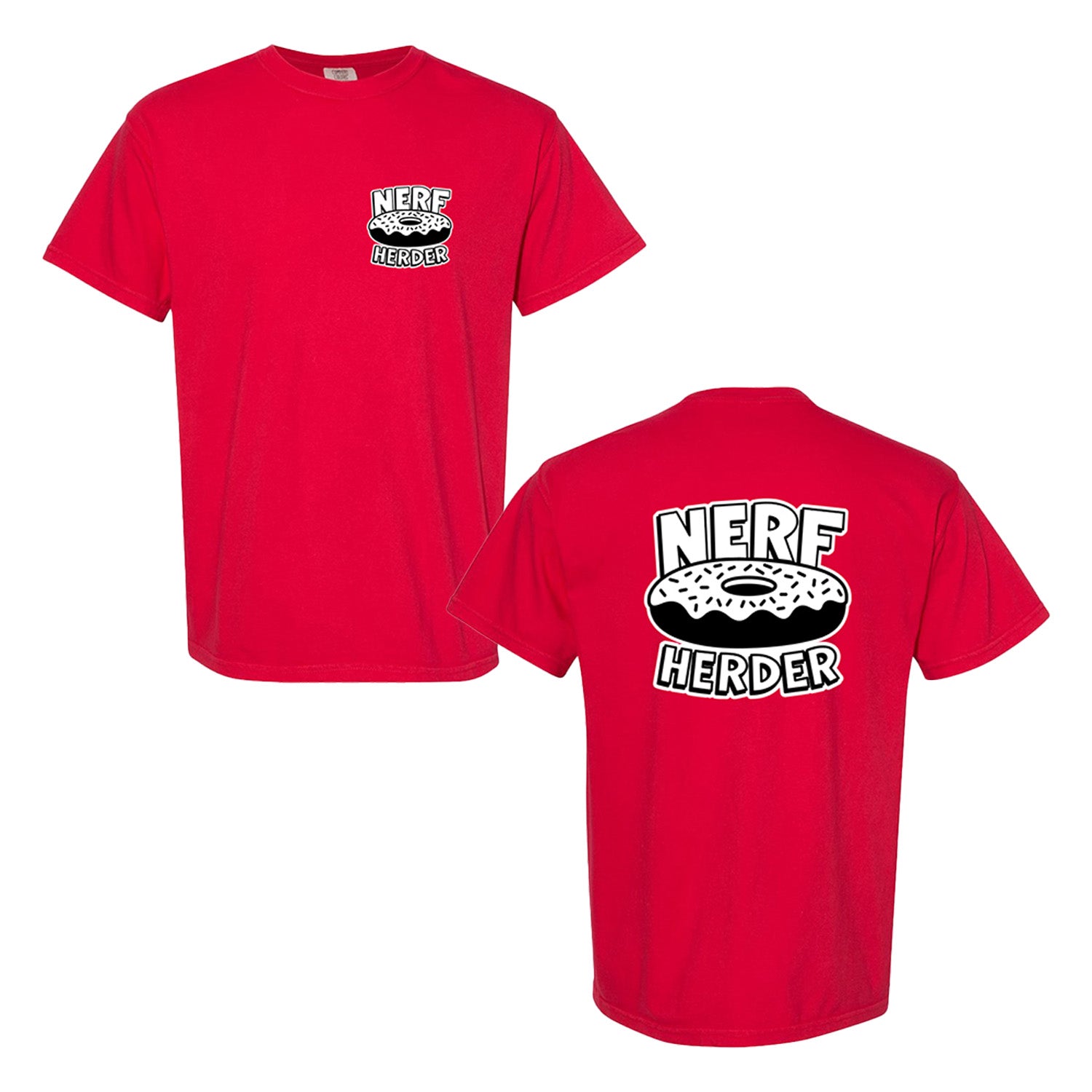 A red Nerf Herder Comfort Colors t-shirt shown front and back, with black and white creature graphics and "NERF HERDER" text on the chest and larger on the back.