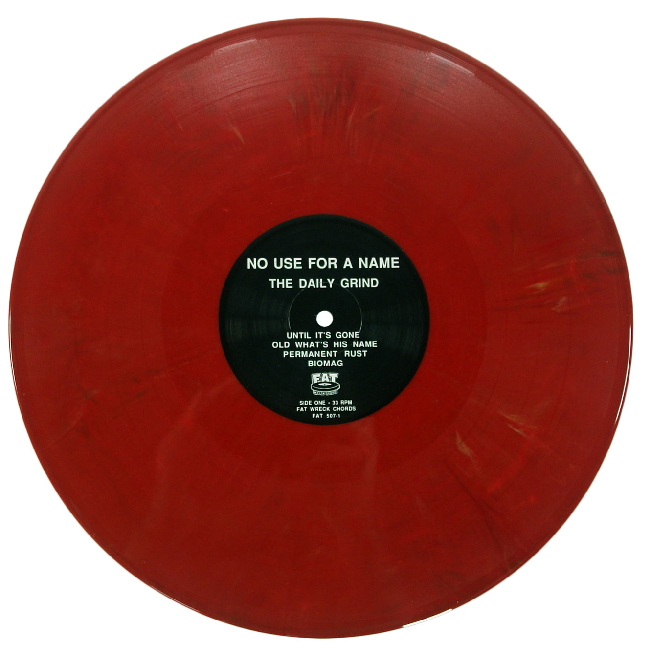 A red vinyl LP with a black center label featuring text for No Use For A Name – The Daily Grind and track titles, perfect for any punk rock collector.