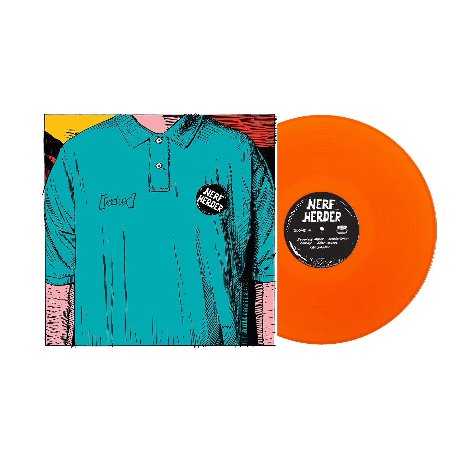 An illustration of a teal polo shirt with a Nerf Herder patch appears on an album cover next to orange and Ice Blue vinyl, celebrating Nerf Herder’s 30th Anniversary amid colorful abstract patterns; the person’s head isn’t shown.