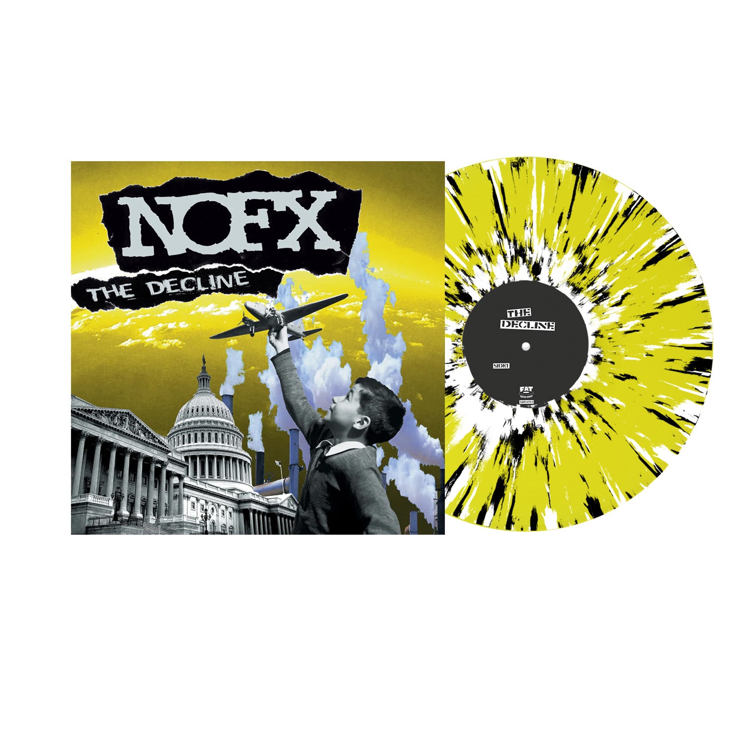 The image shows NOFX's The Decline album cover with a boy and toy airplane before the US Capitol under a yellow sky, alongside NOFX's The Decline Black Vinyl LP featuring a bold yellow and black splatter design.