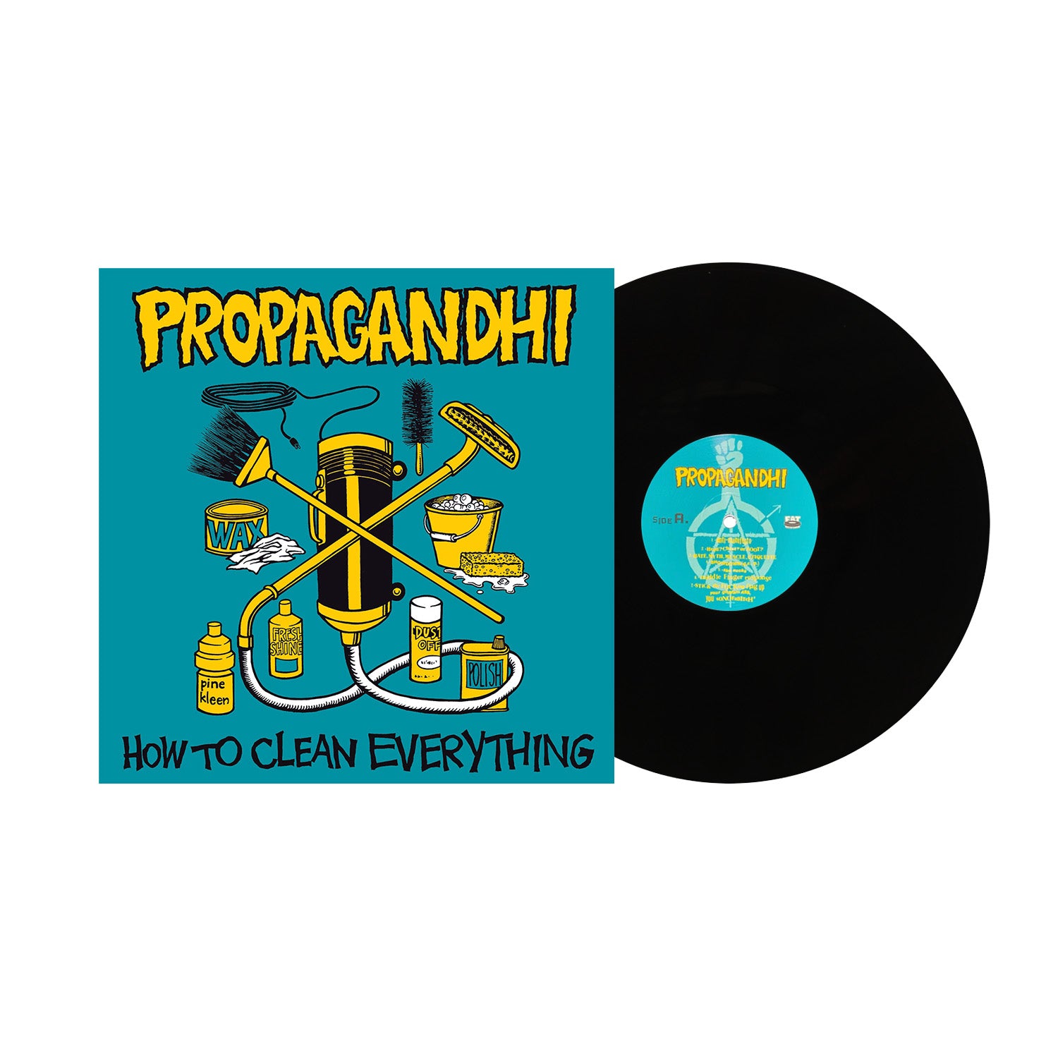 A limited edition Propagandhi LP, “How To Clean Everything,” sits beside its cover featuring cartoon cleaning supplies on a blue background. The sleek black vinyl gives this punk rock collectible a classic edge.