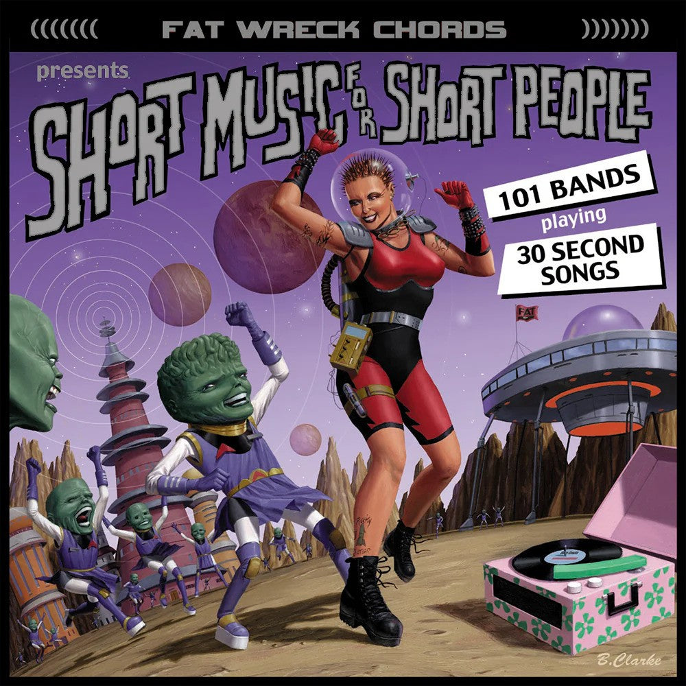 A woman in red gear runs joyfully on a purple alien landscape, chased by dancing green aliens. A record player spins a limited edition Fat Wreck Chords vinyl labeled 101 punk rock bands playing 30 second songs. Retro-futuristic buildings are in the background.