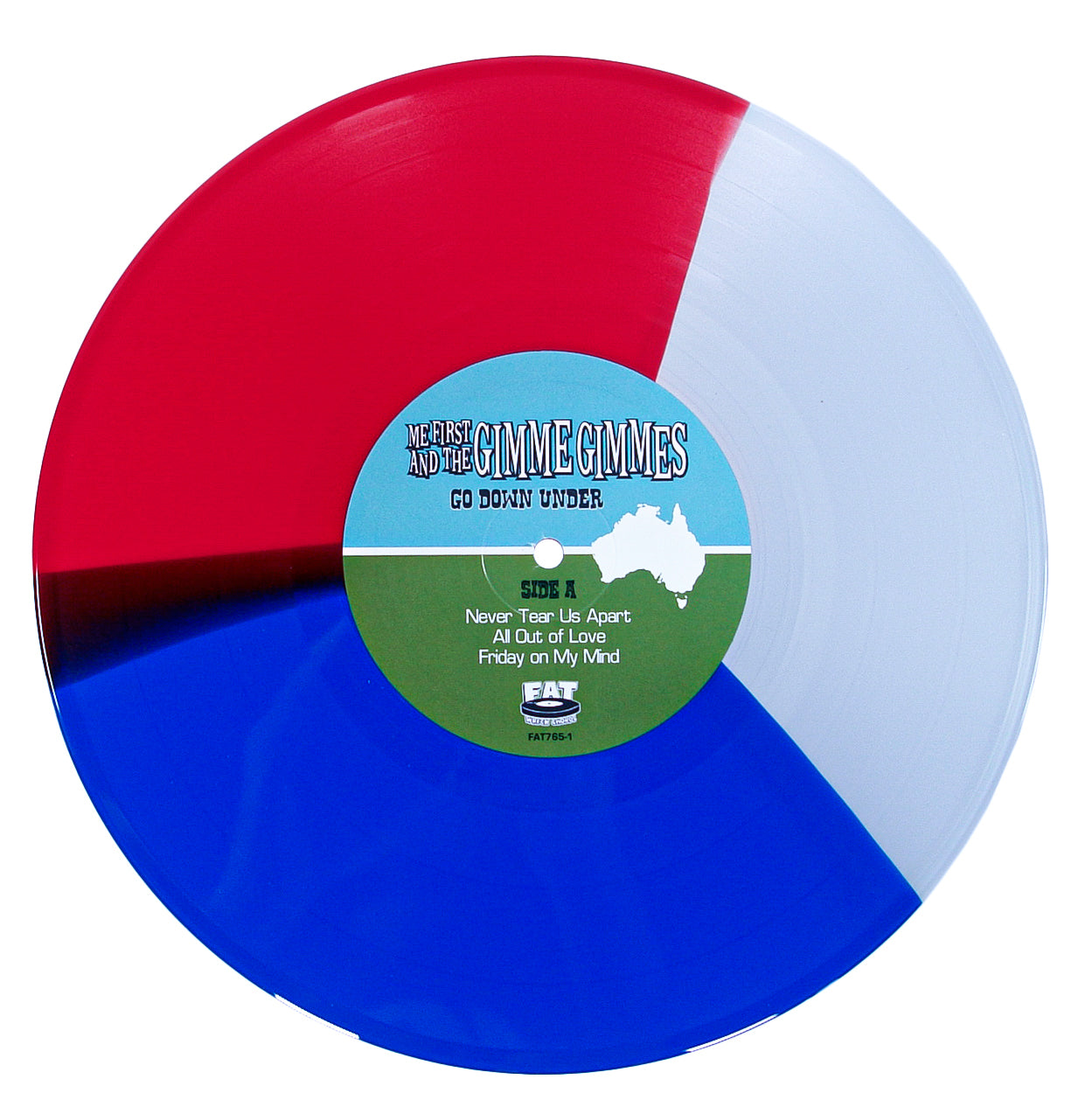 A vibrant colored vinyl record from Me First And The Gimme Gimmes features bold red, blue, and white segments. The label displays "Me First And The Gimme Gimmes Go Down Under." Side A offers a high-energy reinterpretation of Australian music, including a cover of INXS's "Never Tear Us Apart," as well as "All Out of Love" and "Friday on My Mind.