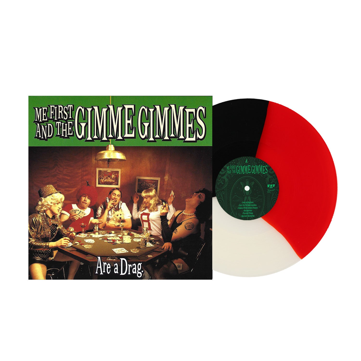 Me First And The Gimme Gimmes’ Are a Drag album cover shows people in drag around a table, next to a limited edition vinyl with bold red, white, and black sections.