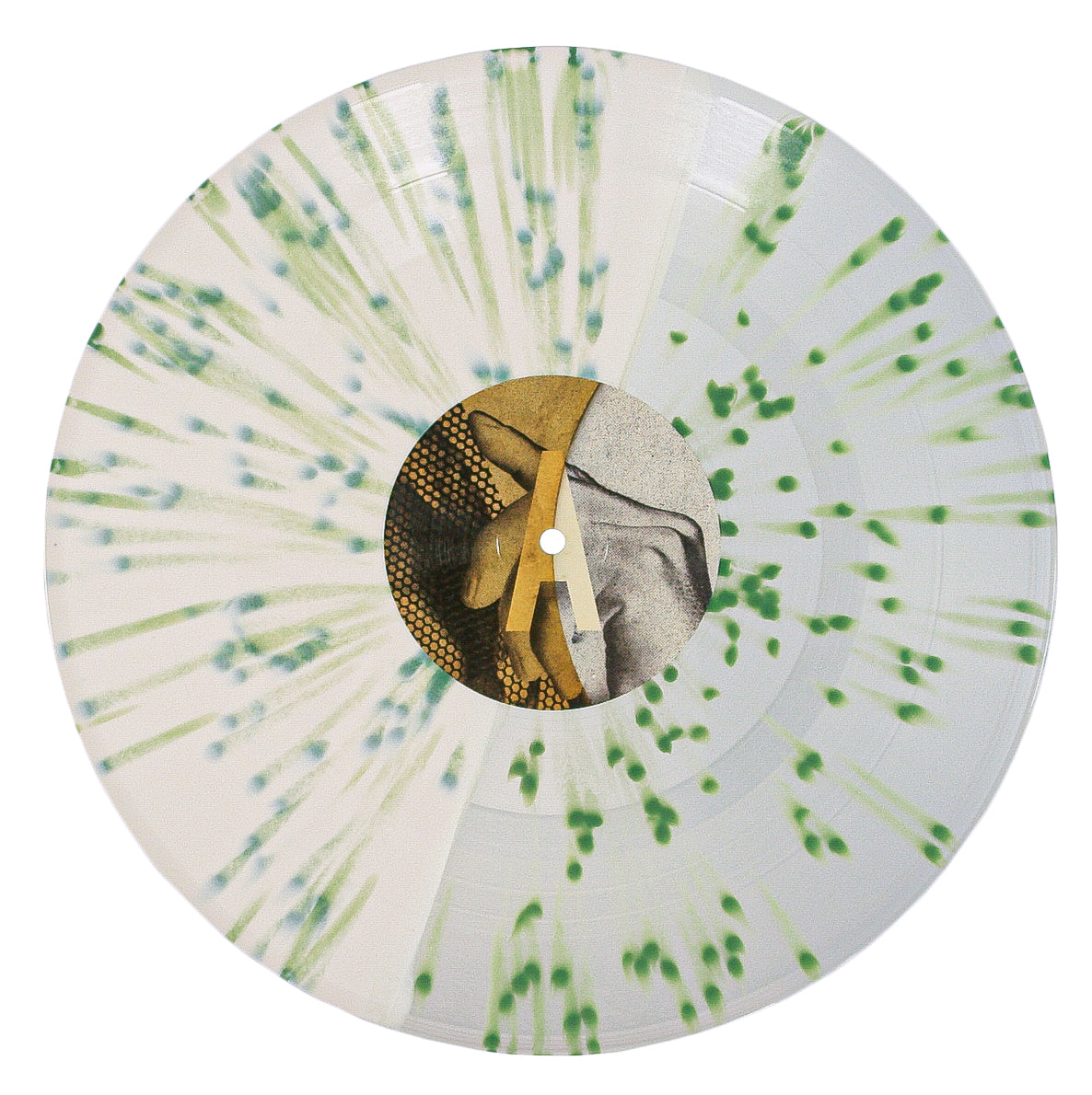 A white punk vinyl record from Cobra Skulls featuring bold green splatter patterns and an abstract gold, black, and gray design on the center label—perfect for any collector.
