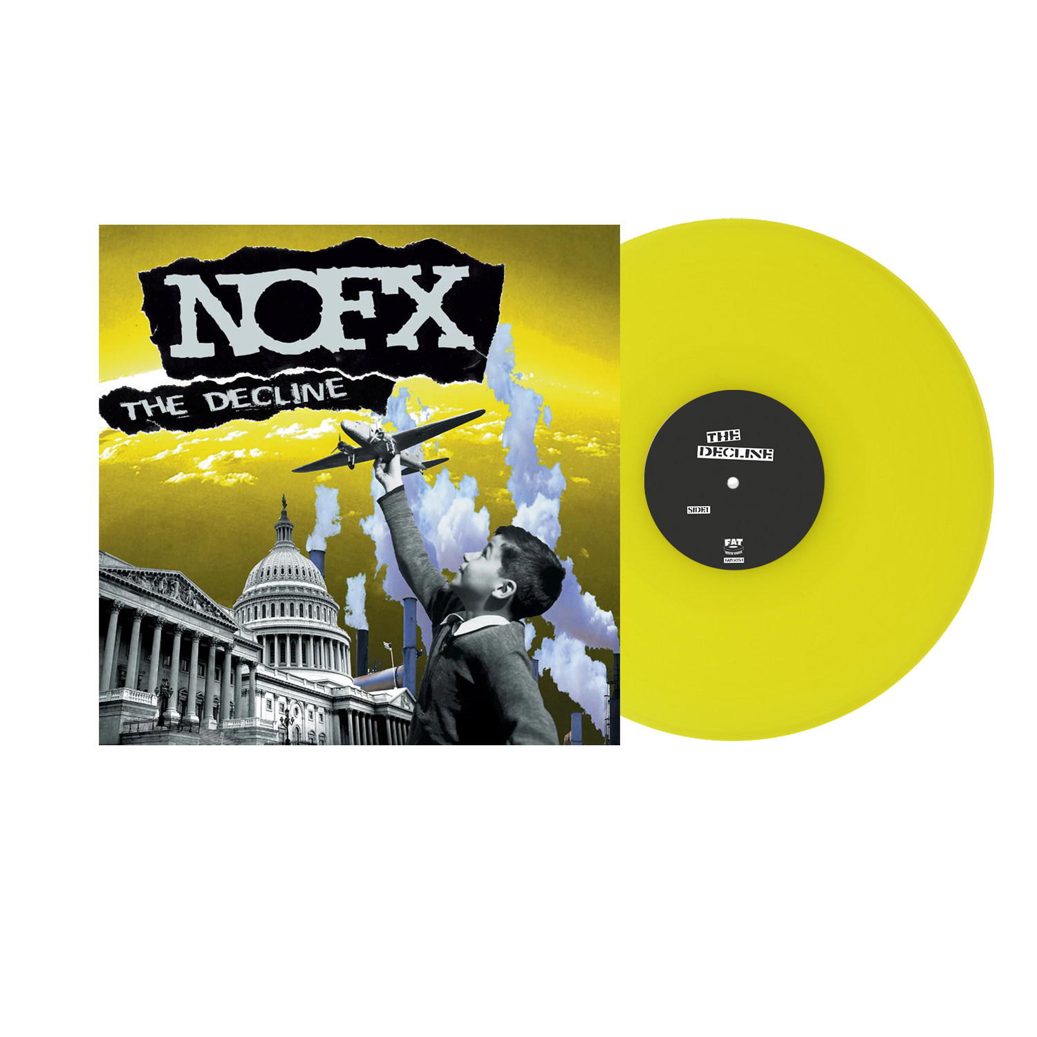 NOFX's The Decline album cover, featuring a striking yellow vinyl record, embodies punk rock's rebellious spirit. The design shows a boy aiming a toy plane at the U.S. Capitol under a vivid yellow sky, highlighted by bold cut-out style lettering—all true to NOFX's iconic style.