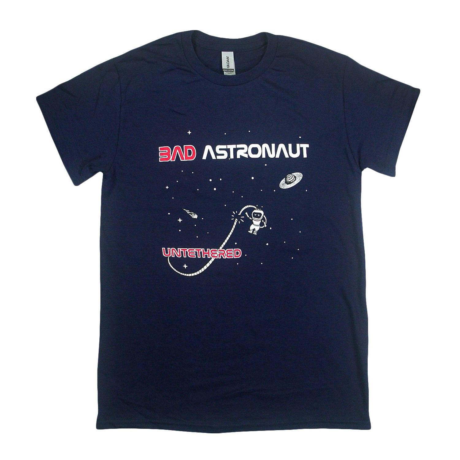Navy blue T-shirt with a graphic of an astronaut floating in space with the text BAD ASTRONAUT and UNTETHERED.