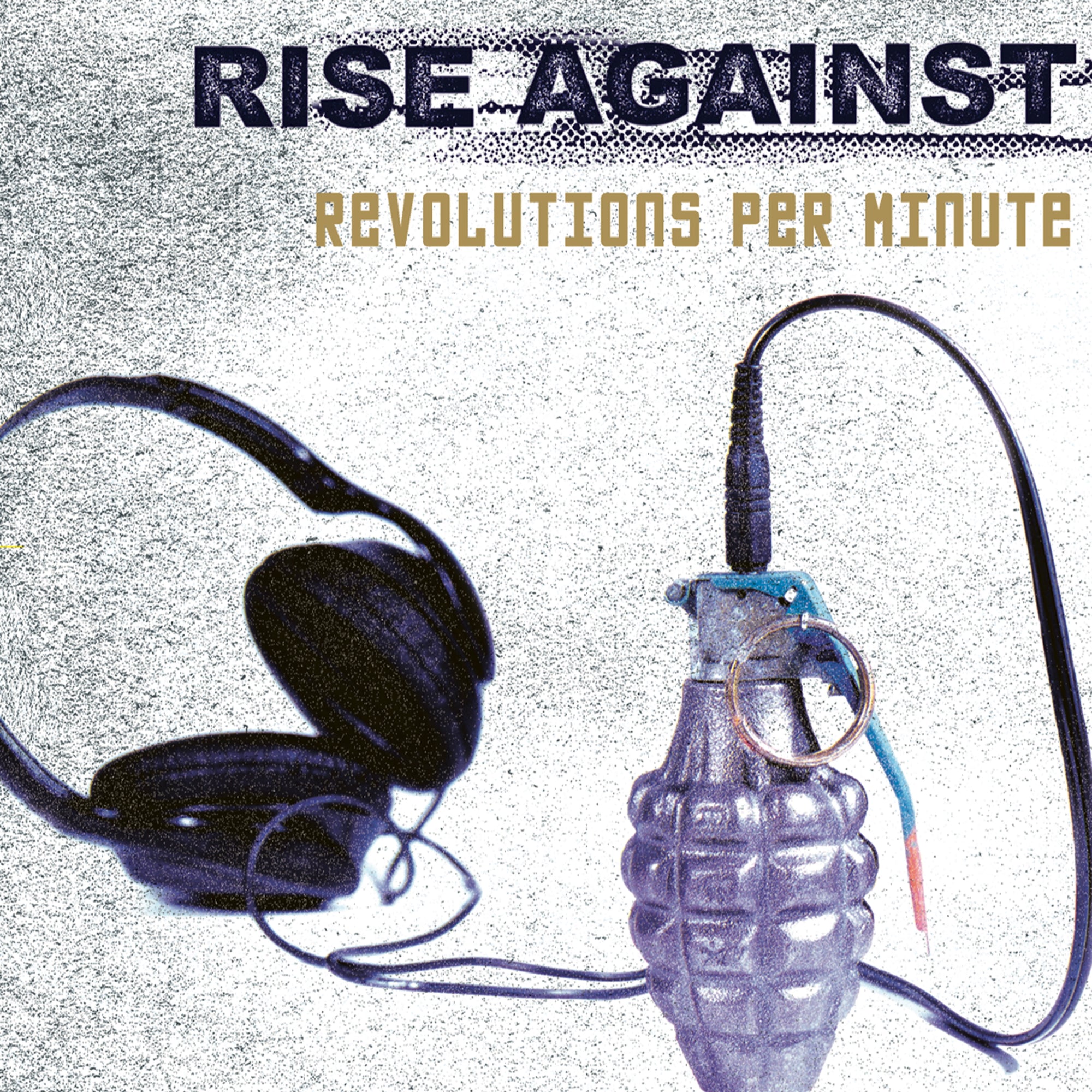Headphones plugged into a metal grenade with a yellow and blue cord; album title Revolutions Per Minute and the brand name Rise Against appear above on a textured background. Available now as a Limited Edition Amethyst Vinyl—pre-order yours today.