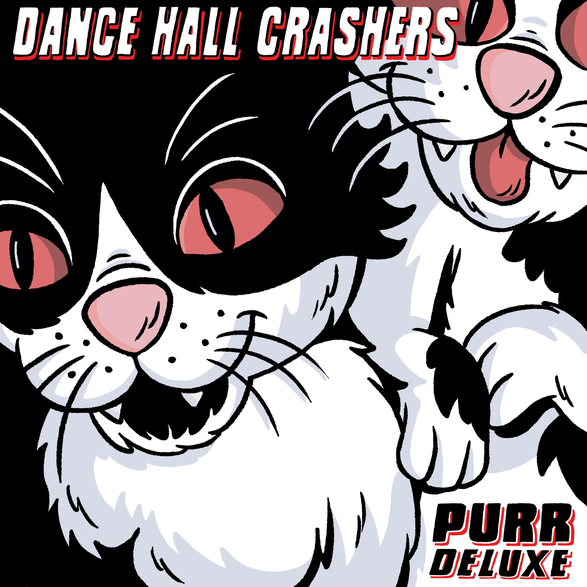 Album cover art for the remastered 2XLP edition of Dance Hall Crashers Purr Deluxe, featuring an illustration of two black and white cats.