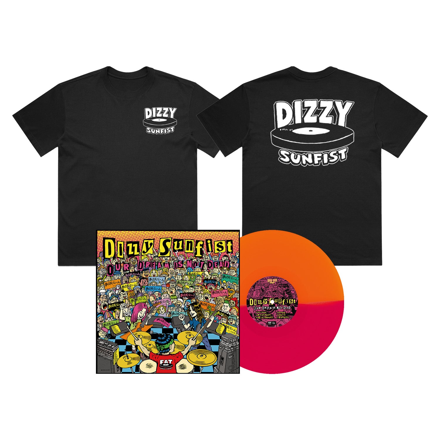 Black Comfort Colors T-shirt from Dizzy Sunfist featuring a vinyl graphic, shown front and back. Also included is a colorful cartoon album cover and a limited edition Pink & Orange Split Vinyl LP (300 worldwide).