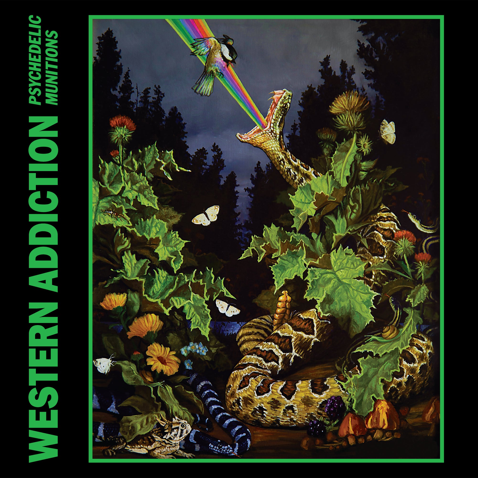A painting of a rattlesnake shooting rainbow beams at a hummingbird, surrounded by green plants, butterflies, and a dark forest. Text: Western Addiction PSYCHEDELIC MUNITIONS on green ripple vinyl.