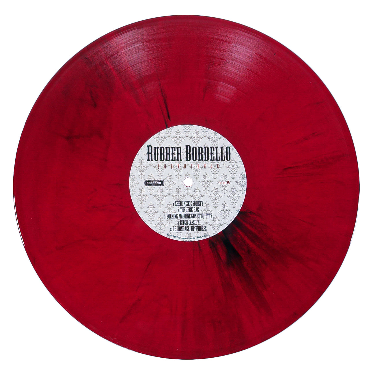 A red and black marbled vinyl record with a white center label featuring the “Rubber Bordello” title, song information, and the Fat Wreck Chords brand name.
