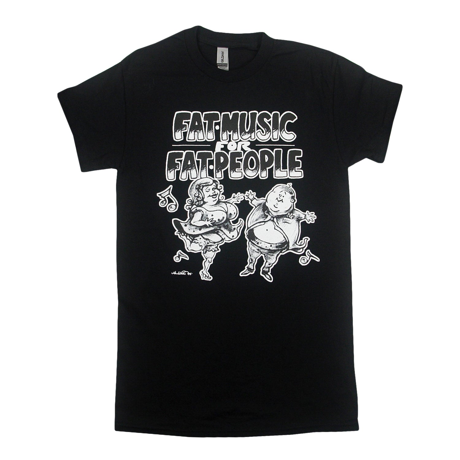 Black t-shirt featuring the text FAT MUSIC FOR FAT PEOPLE above an illustration of a dancing couple and musical notes.
