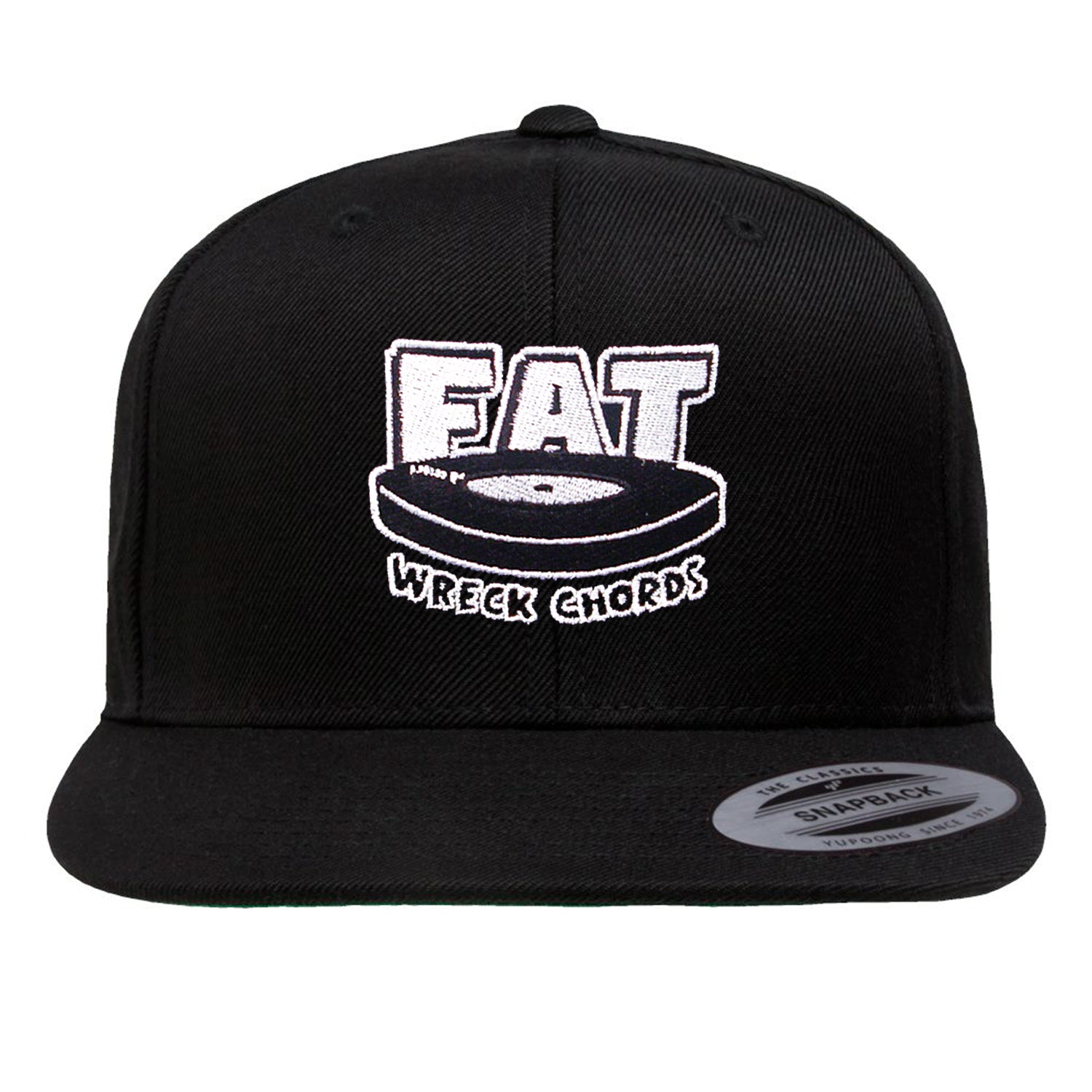 The Fat Wreck Chords YP Classics Snapback is a black flat bill hat with an embroidered Fat Wreck Chords logo and vinyl record graphic on the front, plus a silver adjustable sticker on the brim for a custom fit.
