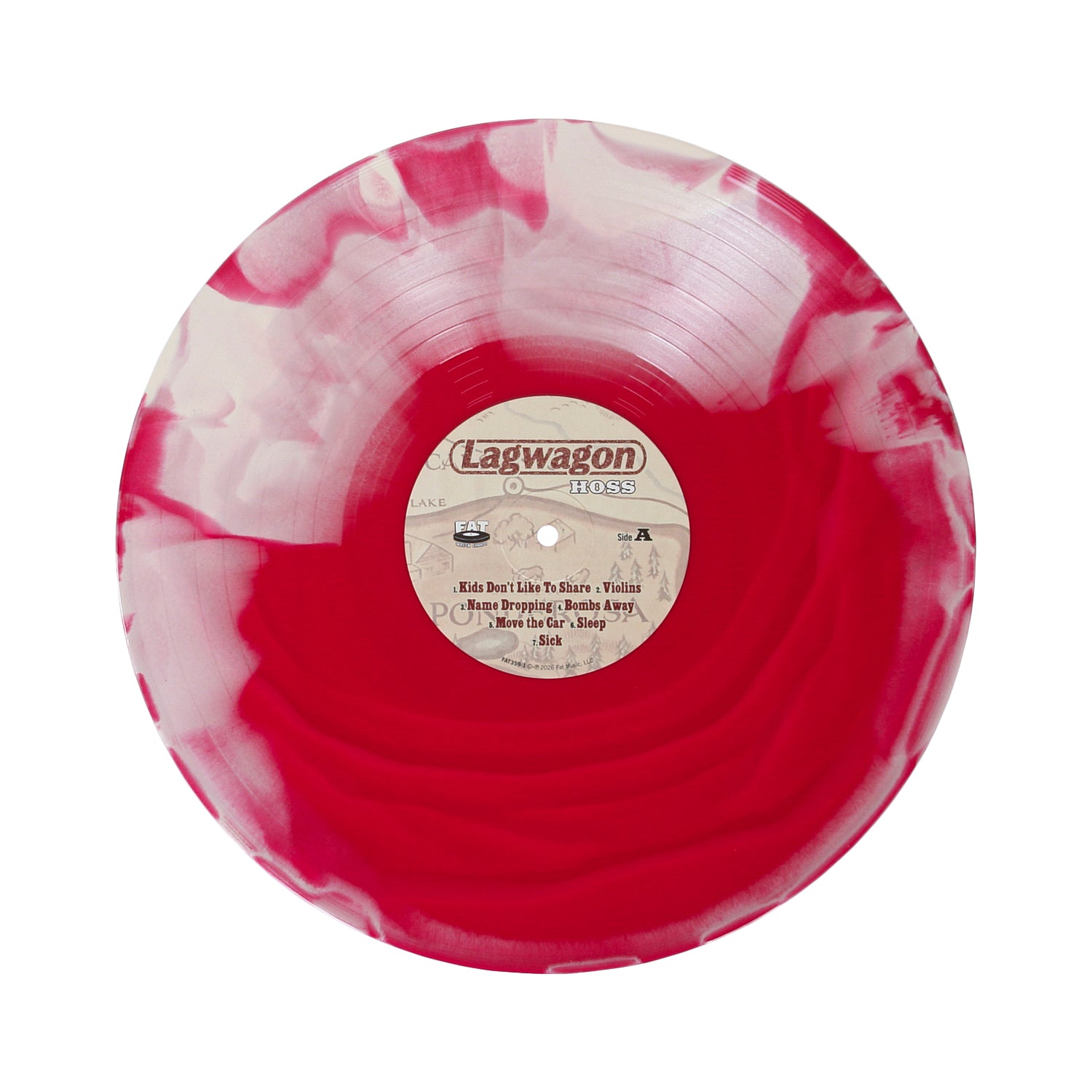 A limited edition red and white marbled vinyl record with a center label that reads Lagwagon Hoss and lists song titles. This exclusive release is displayed on a white background, perfect for collectors to pre-order.
