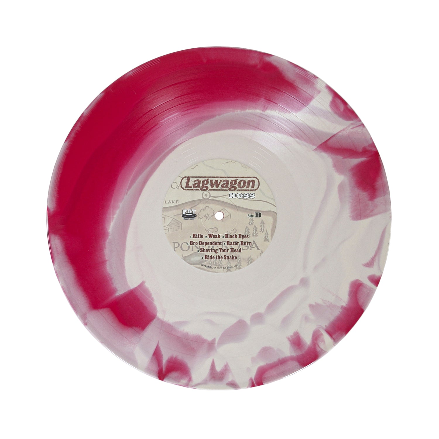A pink and white marbled vinyl record, crafted as a Limited Edition release, with a center label that reads Lagwagon. The tracklist and band name are visible on the label. This exclusive record is displayed on a white background, perfect for collectors seeking something truly special.