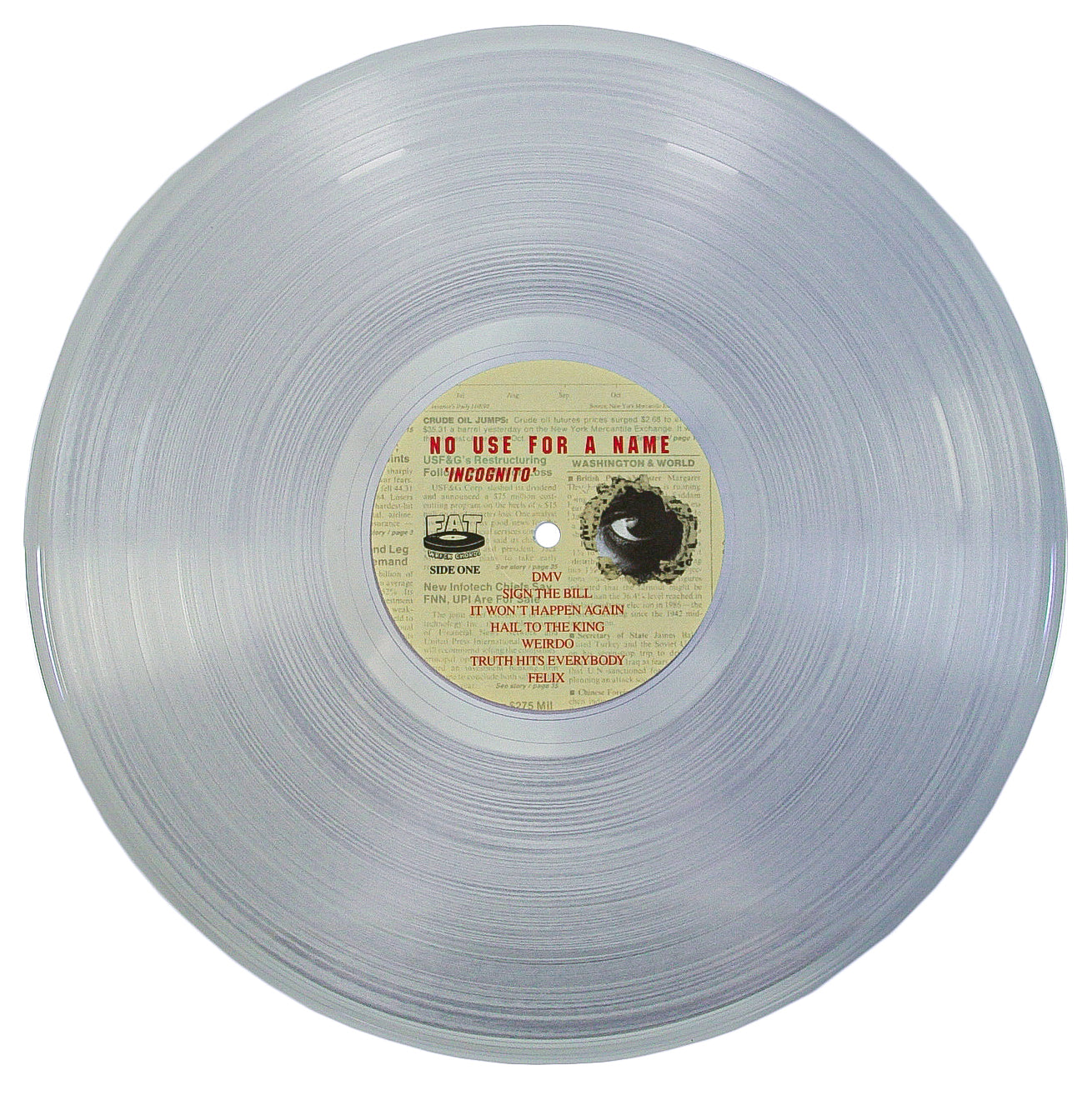 A transparent vinyl record by No Use For A Name, titled "Incognito," features a central label with punk rock style, black and red song titles, and a small graphic of a person's eye.