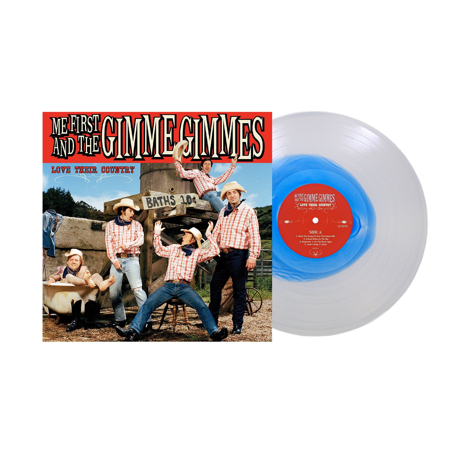 Album Love Their Country is a Country & Western cover album by Me First and the Gimme Gimmes. The cover shows five people in cowboy outfits posing playfully by a wooden tub, while a 20th Anniversary vinyl in clear pressing is displayed next to the cover.