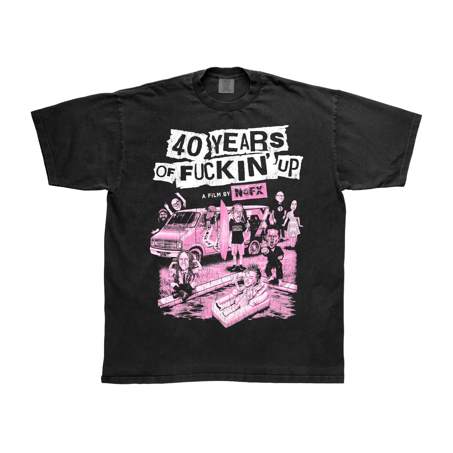 NOFX black Comfort Colors t-shirt with cartoon pink and white artwork, reading "40 Years of Fuckin Up - A Film by NOFX," featuring band members and a van in lively, chaotic scenes.