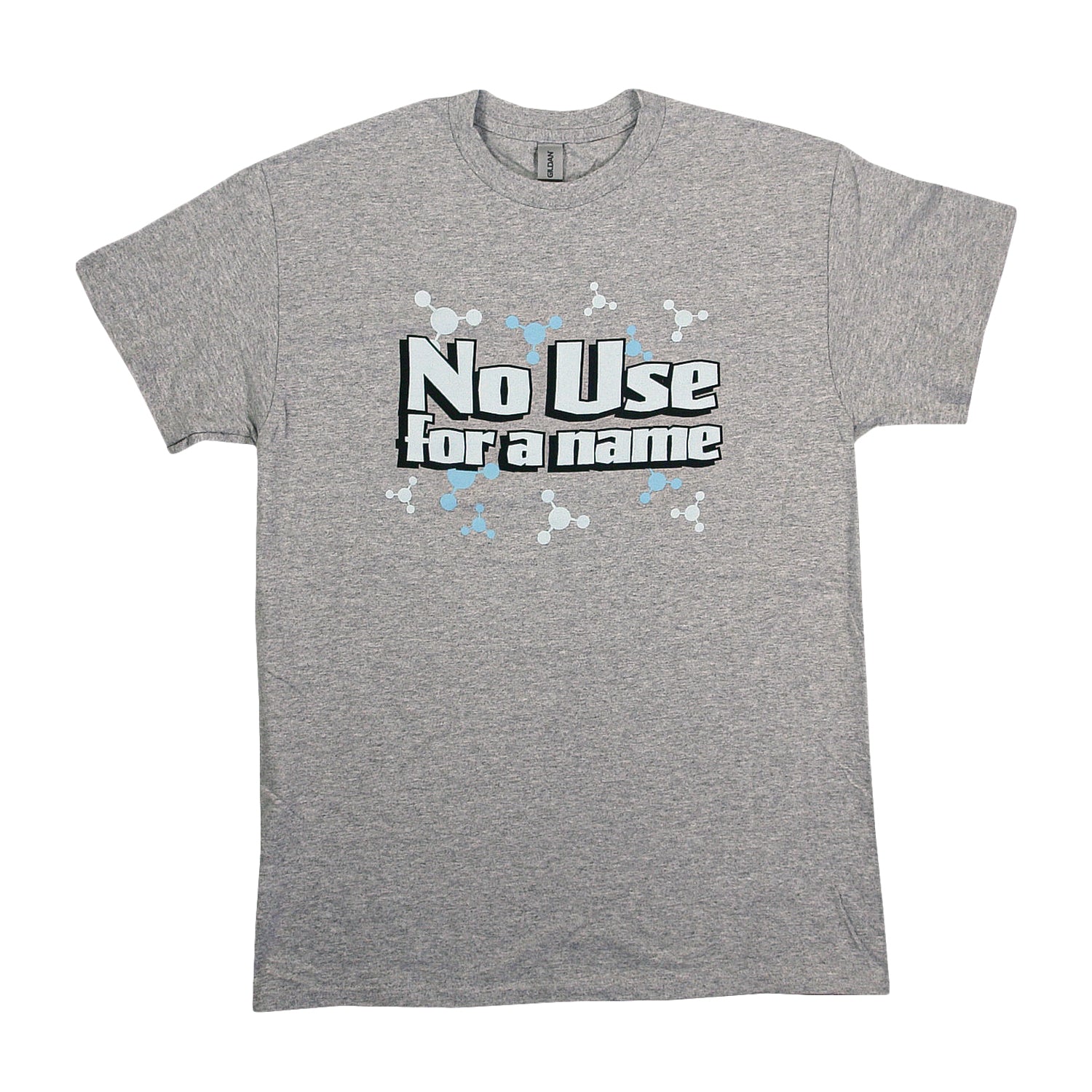 Grey t-shirt featuring the band name No Use for a name in black and white lettering surrounded by light blue and white molecule illustrations.