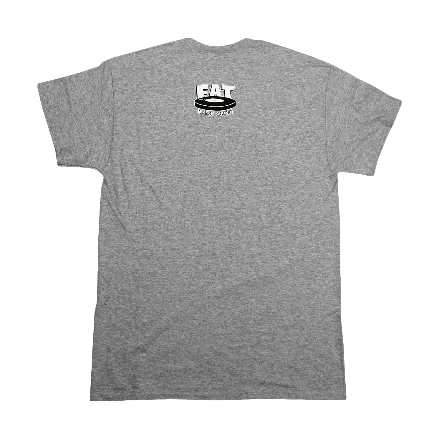 Grey t-shirt featuring the Fat Wreck Chords logo on the back, depicting a record with the word FAT above it.