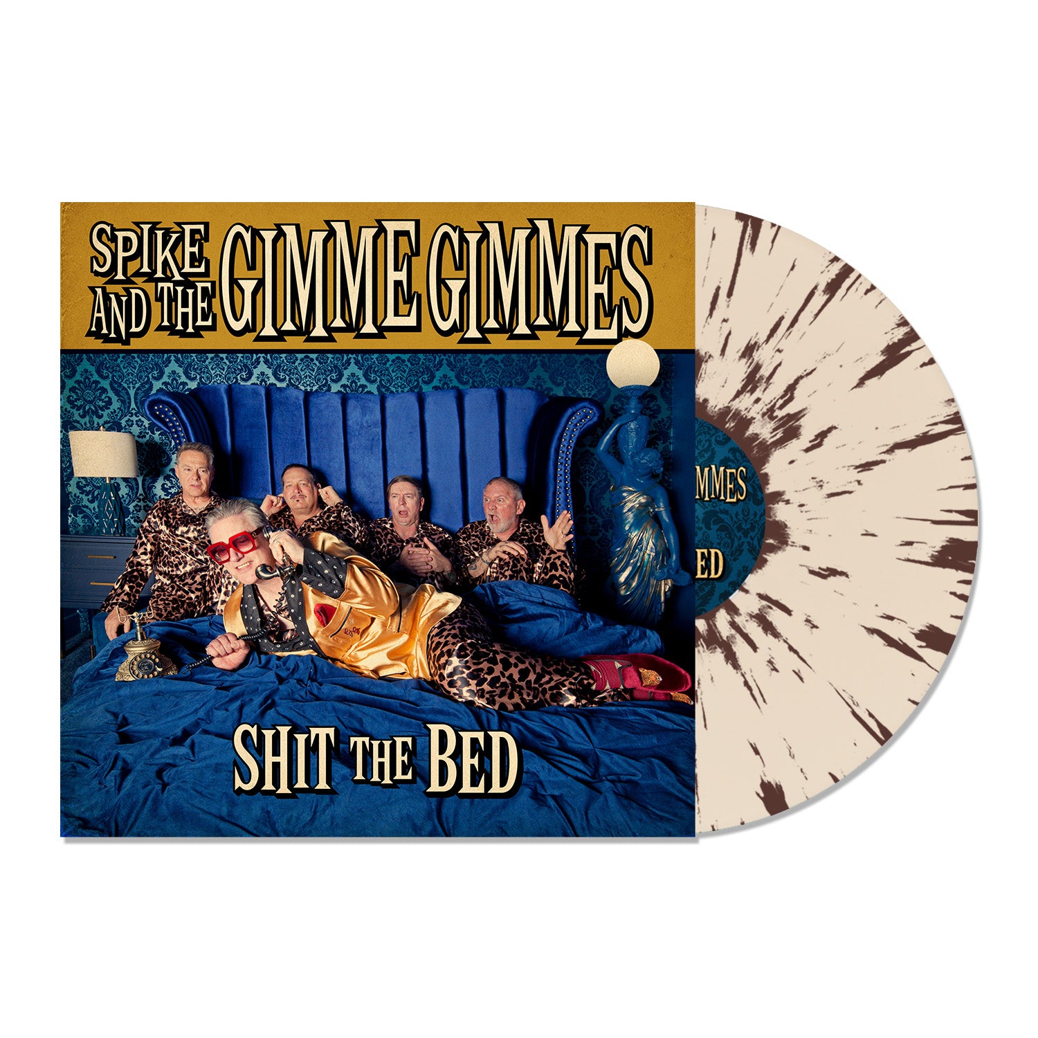 Album cover for Spike and the Gimme Gimmes Shit the Bed, showing five people in leopard print outfits on a blue bed, with a Limited Edition Vinyl—featuring a marbled Brown Splatter LP—partially visible.