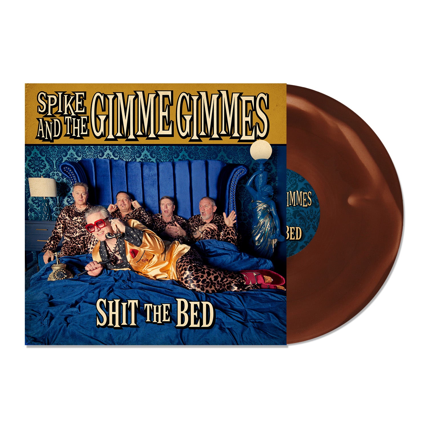 Five people in leopard-print outfits lounge on a blue bed with gold and blue decor. The album cover reads Spike and the Gimme Gimmes - Shit the Bed. A limited edition brown splatter LP is partially shown, adding a unique touch to this collectible release.