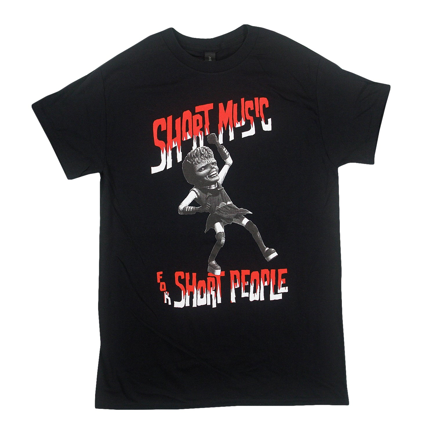 Black T-shirt featuring a graphic of a small figure with a large head striking a pose, with the red and white text Short Music For Short People.