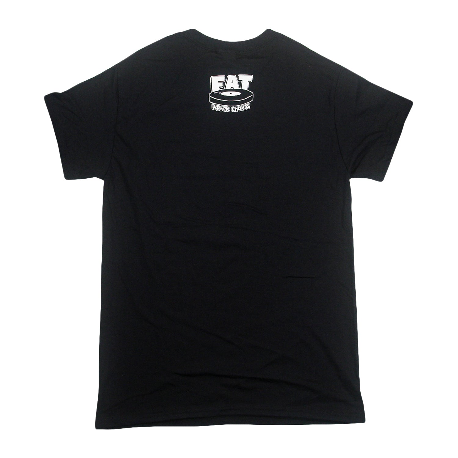 Black t-shirt with a white Fat Wreck Chords logo featuring a vinyl record printed on the back near the neckline.