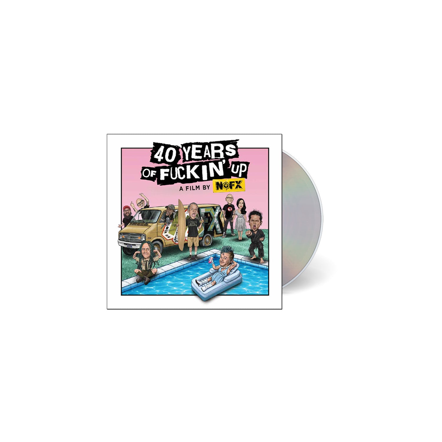 NOFX CD cover for "40 Years of Fuckin' Up: A Film" shows cartoon band members by a pool, with a van and pink background. Official documentary score from the NOFX soundtrack is included.