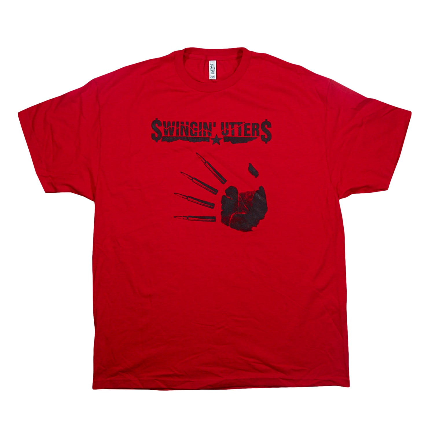 Red t-shirt with a black print that reads Swingin Utters above a graphic of a fist and four bullets arranged like fingers.