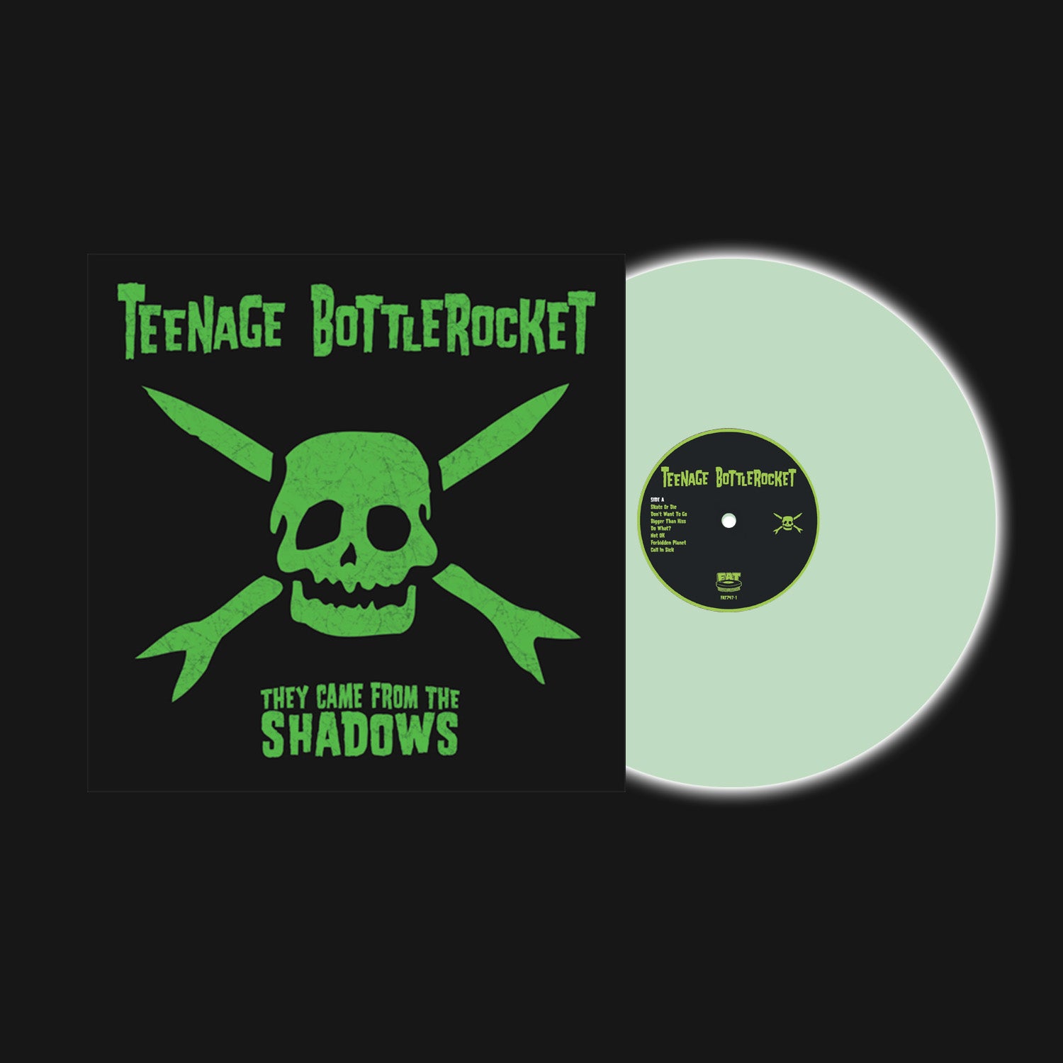 A white punk rock vinyl record peeks from a black sleeve with a green skull and crossbones. Bold green text reads Teenage Bottlerocket and They Came From the Shadows—an iconic Fat Wreck Chords release. Brand: Teenage Bottlerocket.