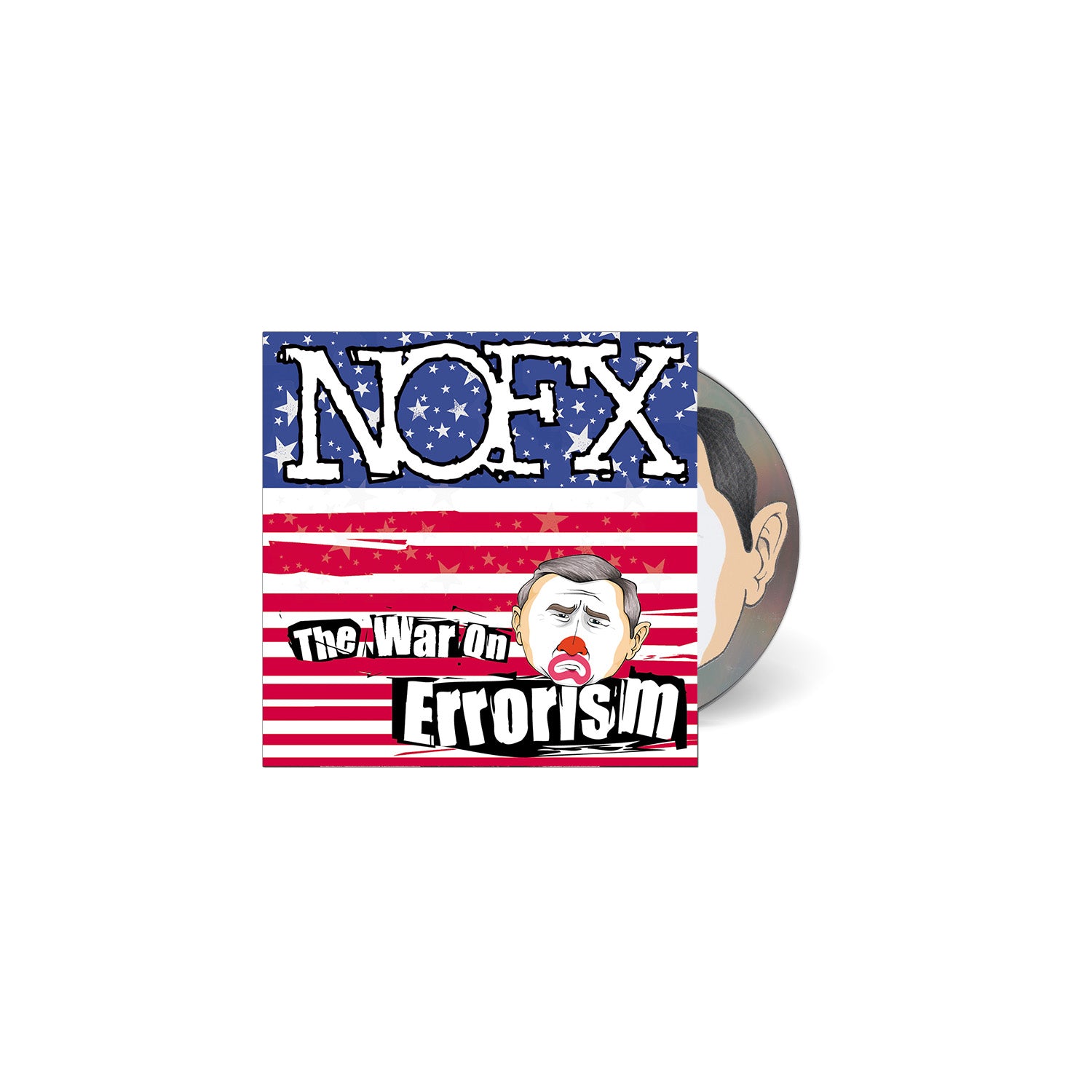 NOFX album The War on Errorism punk vinyl cover features red and white stripes, blue stars, and a distressed cartoon face. A CD with partial illustration peeks out from behind the cover.