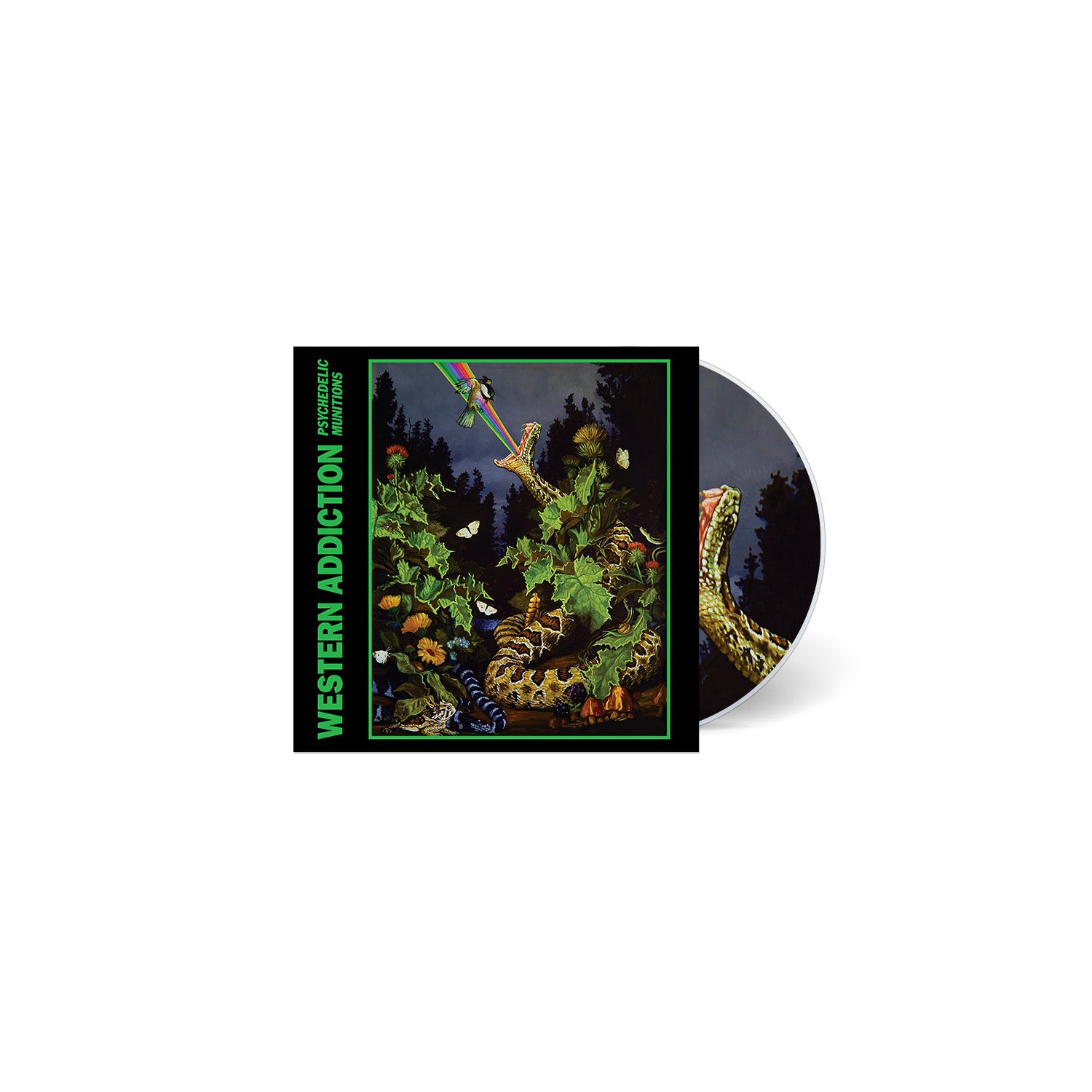 Western Addiction CD case for the “Frail Bray” album features striking cover art with snakes, birds, and dense foliage on a dark forest backdrop. The partially visible disc makes it ideal for fans of all formats. Brand Name: Western Addiction.