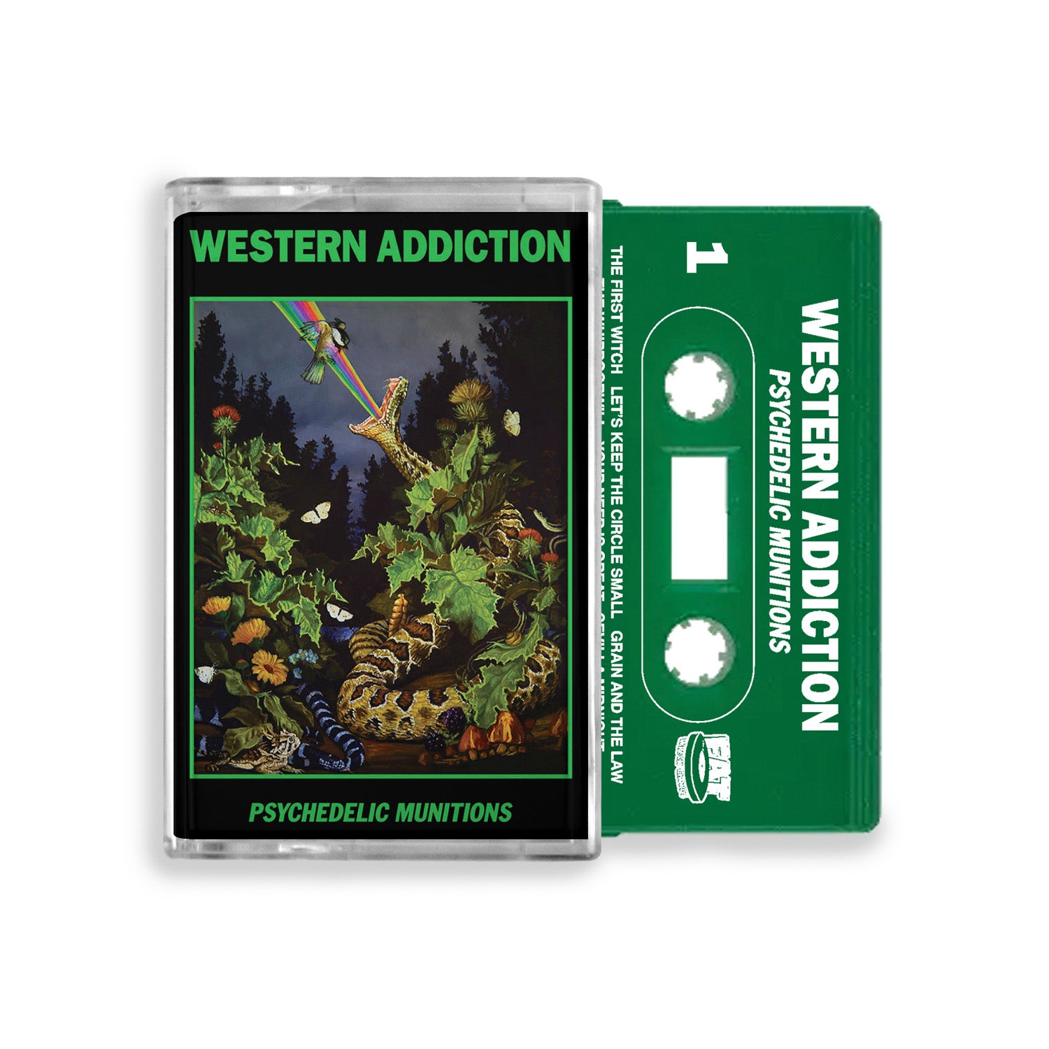 A green Western Addiction cassette titled "Psychedelic Munitions" sits next to its case, featuring vibrant art of animals, plants, and a rainbow from a sword in a forest. No black vinyl is included.