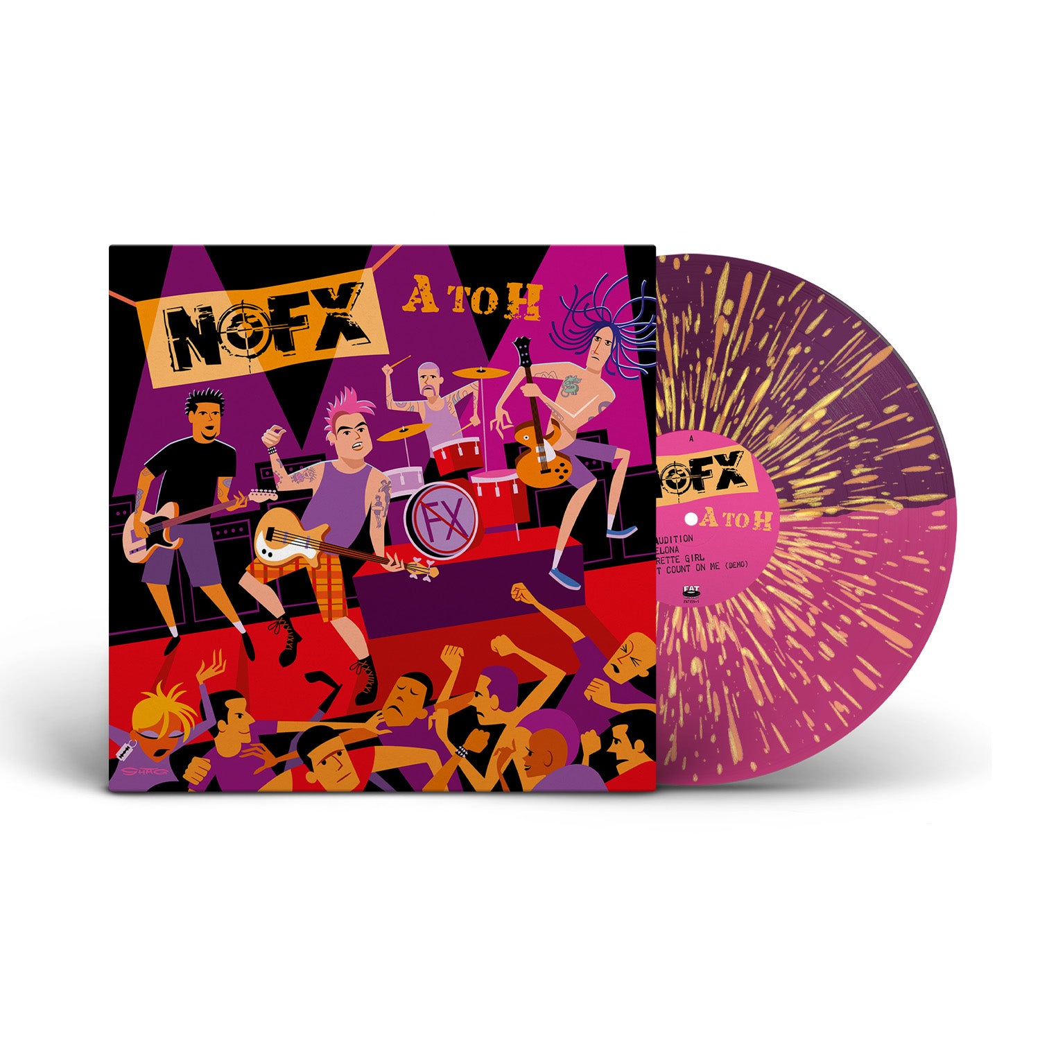 NOFX Aton vinyl album with a cartoon punk band cover and energetic crowd, plus a purple-yellow splatter limited edition vinyl—ideal for NOFX fans and collectors of rare, colorful records. Brand: NOFX.