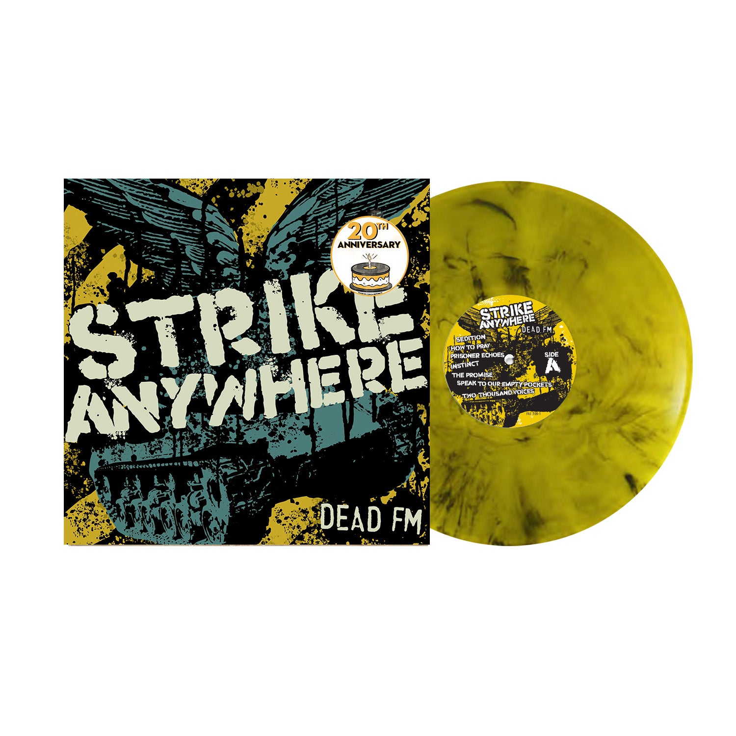 A limited edition yellow smoke marbled vinyl record and cover for Strike Anywhere’s Dead FM 20th Anniversary edition, featuring distressed text, dark abstract imagery, and the band’s signature hardcore tracks—an exclusive collectible release from Strike Anywhere.