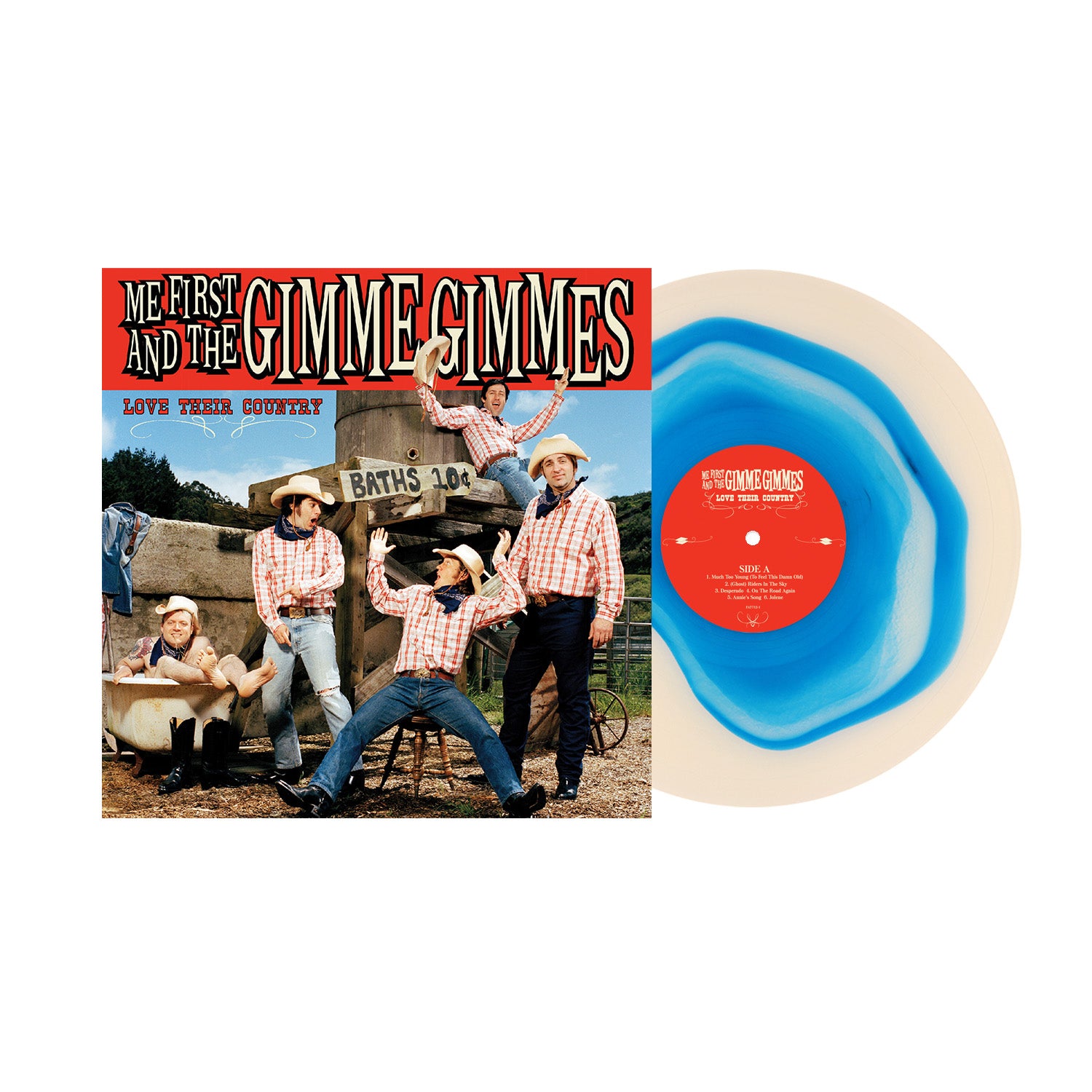 The Me First And The Gimme Gimmes country cover album shows five in plaid shirts and cowboy hats by a stone bath, bold text above. Includes cream and blue vinyl—an ideal addition to any collection or for preordering.