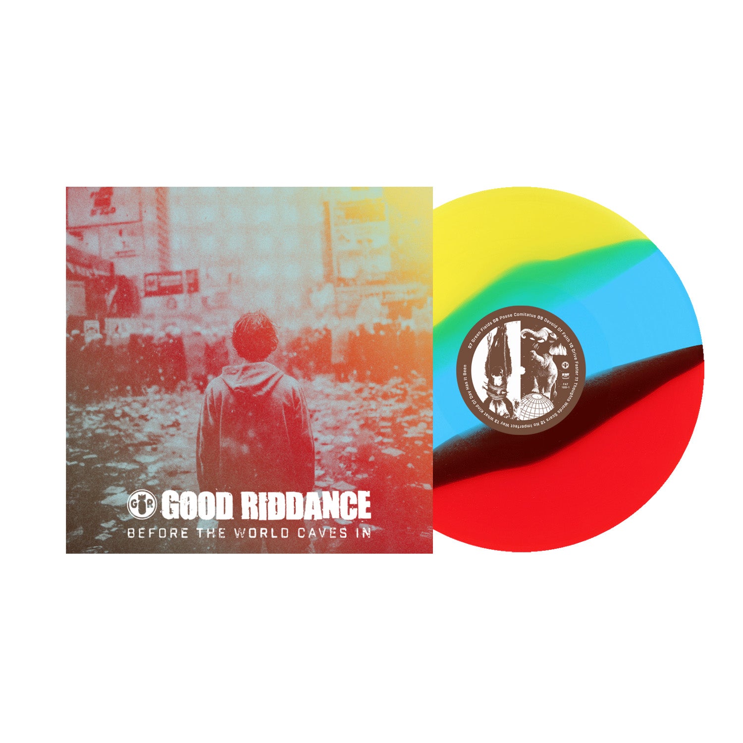 The image features a vibrant 3 Color Stripe LP from Good Riddance in yellow, blue, green, and red beside its album cover showing a lone figure gazing at a cityscape with the text "Good Riddance—Before the World Caves In.