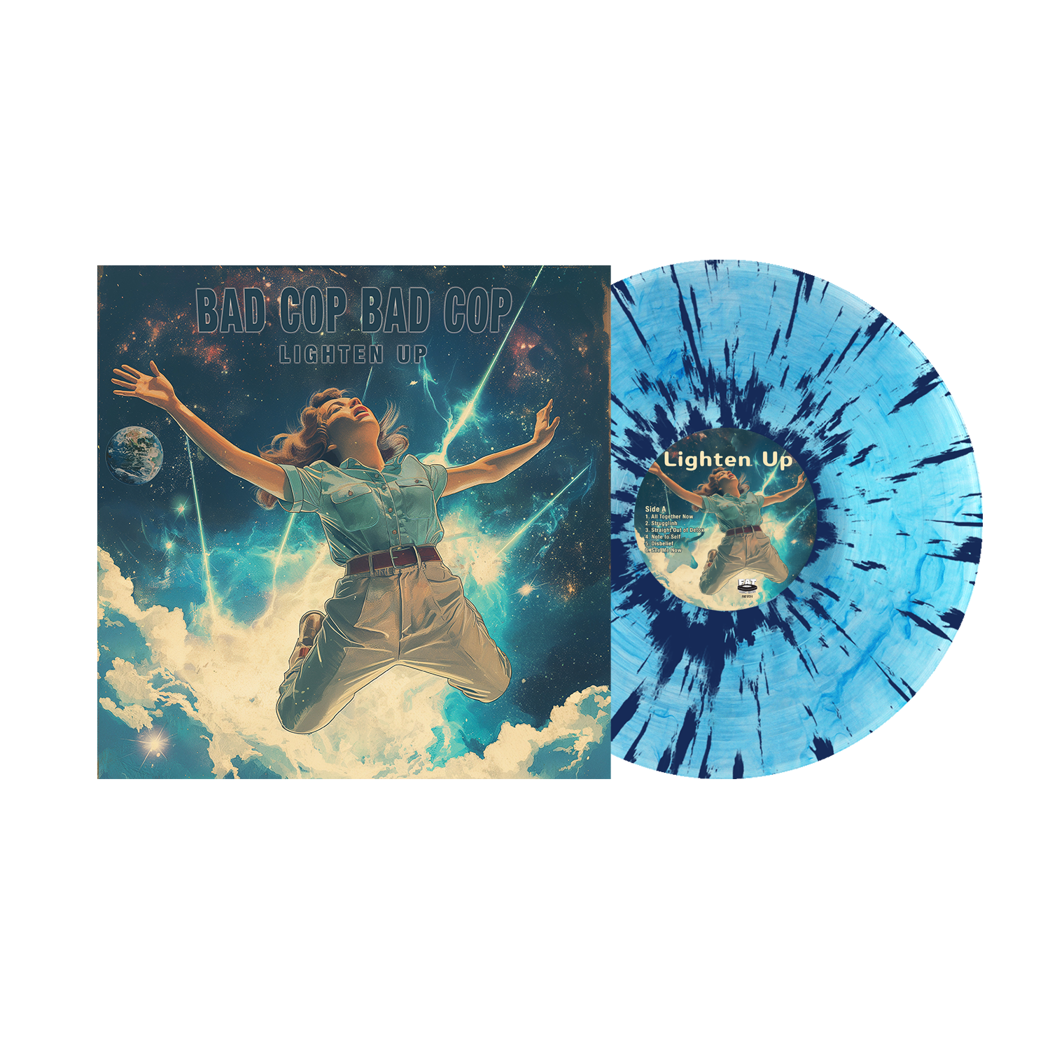 Bad Cop Bad Cop’s “Lighten Up” album features a cover of a woman floating in space next to the Blue Insomnia Vinyl, which has black splatter and the album title on its label.