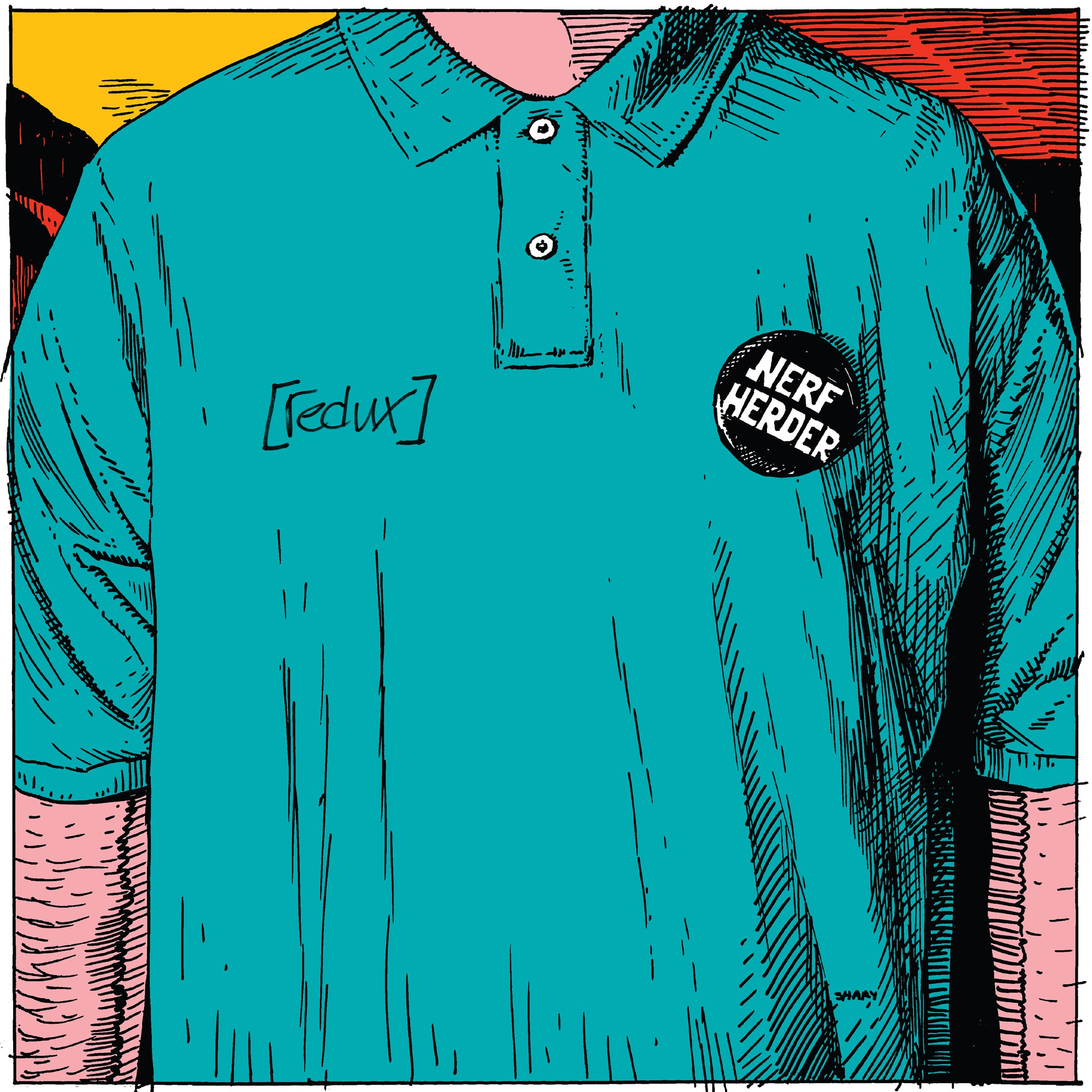 Wearing a teal Nerf Herder polo with a [redux] button, this look pops against a colorful backdrop—ideal for fans of the 30th Anniversary LP or limited edition vinyl releases.