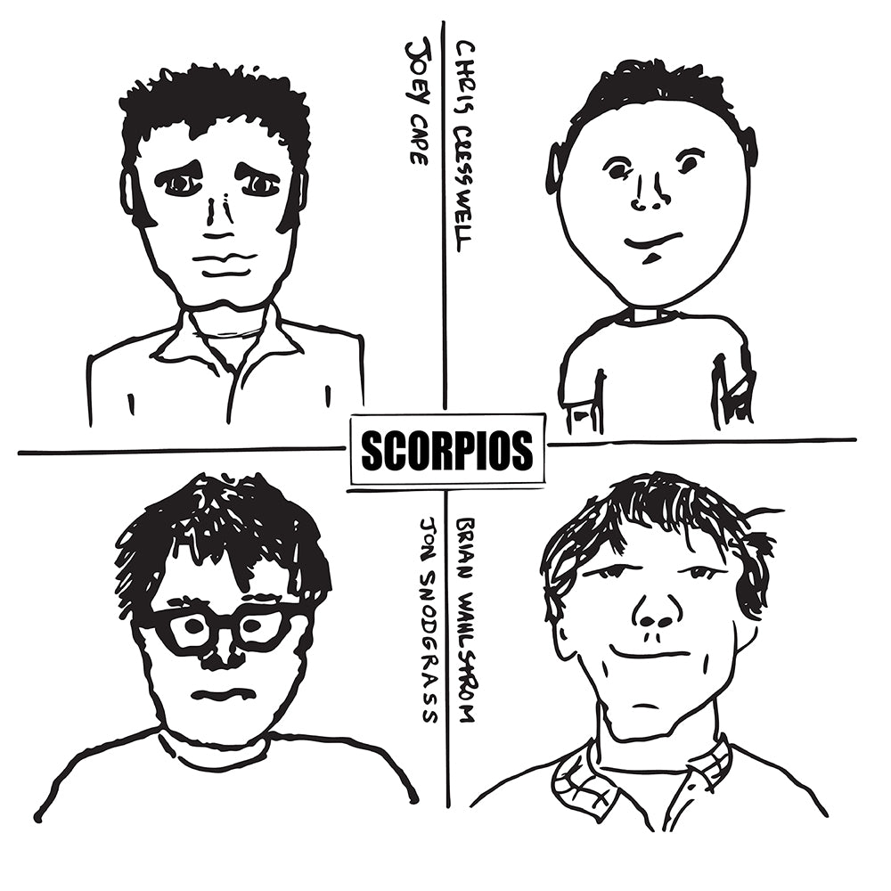 Black and white art features four men’s faces—Joey Cape, Chris Cresswell, Jon Snodgrass, and Brian Wahlstrom—each in its own square. SCORPIOS is centered. Brand: Scorpios. FAT983 Black Vinyl LP by Prost Amigos.