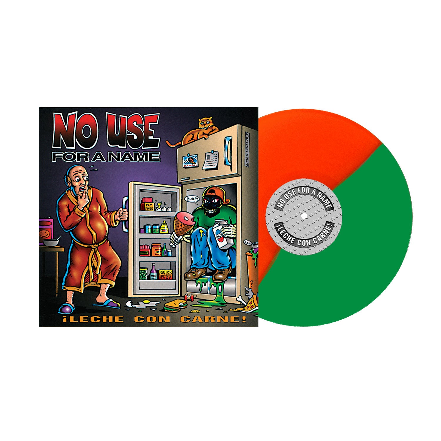 Preorder the Black Vinyl LP of No Use For A Name’s ¡Leche Con Carne!, featuring album art with a cartoon man in a robe shocked at a masked figure eating from an open fridge.