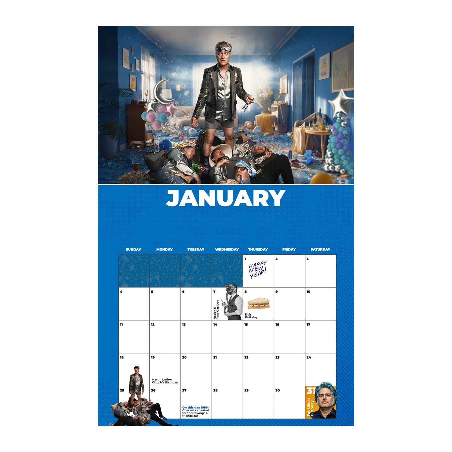 A January calendar page from Spike and The Gimme Gimmes features a person in a festive outfit amid balloons in a Flexi room, a “Happy New Year!” note, calendar grid, and their small photo in the lower left corner.