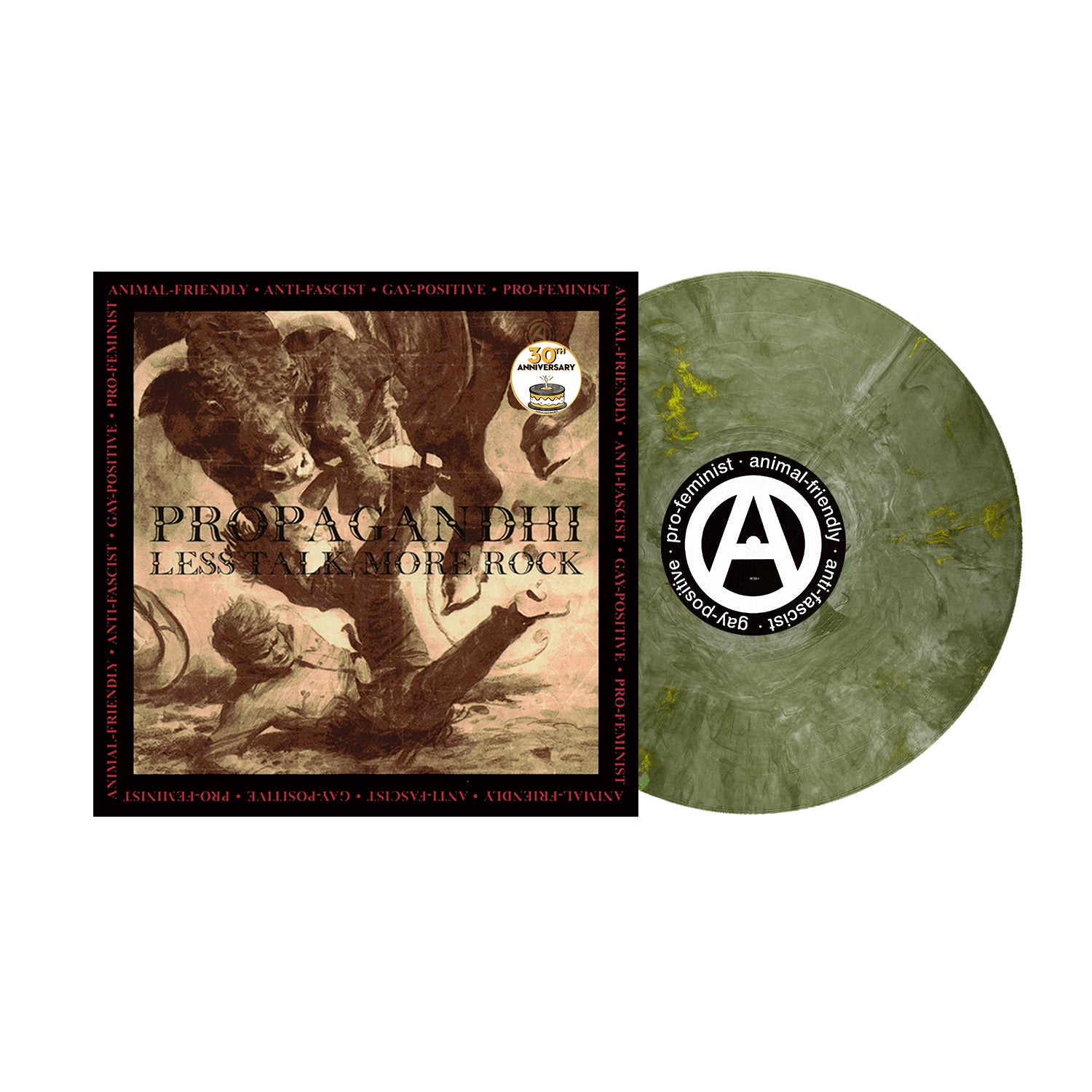 Here’s a rewritten version using the product data: The Propagandhi Less Talk, More Rock album comes as a limited edition marbled green shimmer vinyl. Its cover art displays a classical-style illustration framed by a border with words such as animal-friendly, anti-fascist, and pro-feminist, making this release from Propagandhi a distinctive tribute to their iconic record.