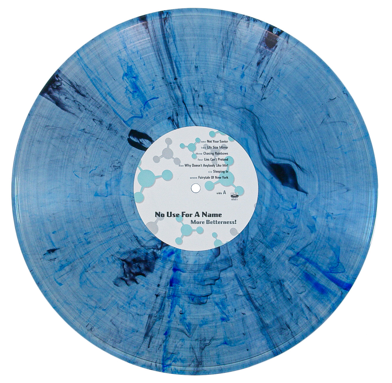 A translucent blue marbled vinyl LP with black and dark blue streaks, this striking edition from No Use For A Name features a central label displaying "No Use For A Name - More Betterness!" against a white background accented with blue molecular graphics and a detailed tracklist.