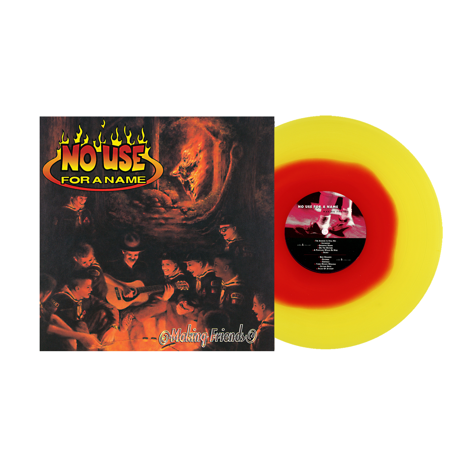 Album cover for Making Friends by No Use For A Name shows a group at a campfire. Beside it, a yellow Colored Vinyl LP with a red center reflects the punk band's vibrant spirit.