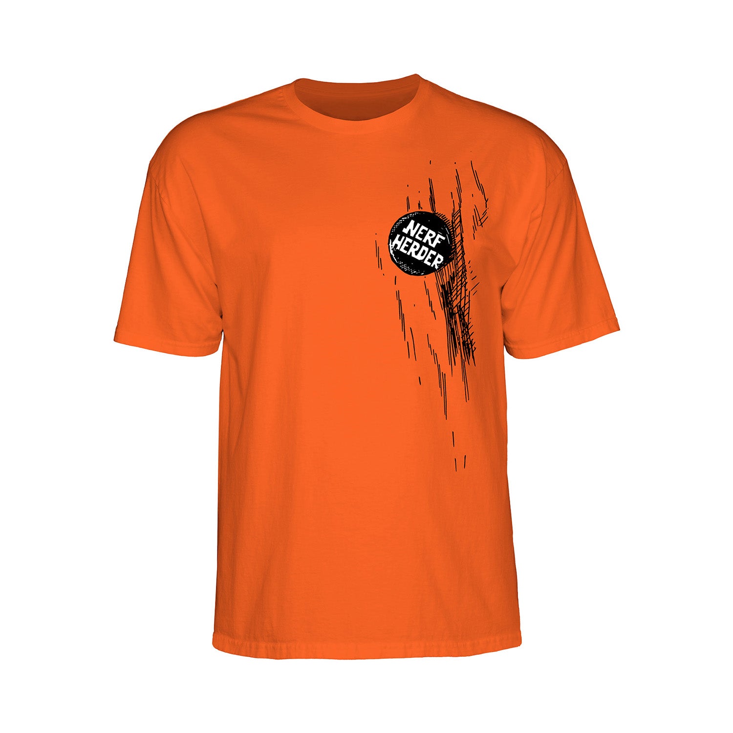 An orange Nerf Herder Comfort Colors tee with a small black and white logo on the upper left chest and vertical black scratch-like line art extending downward from the logo.