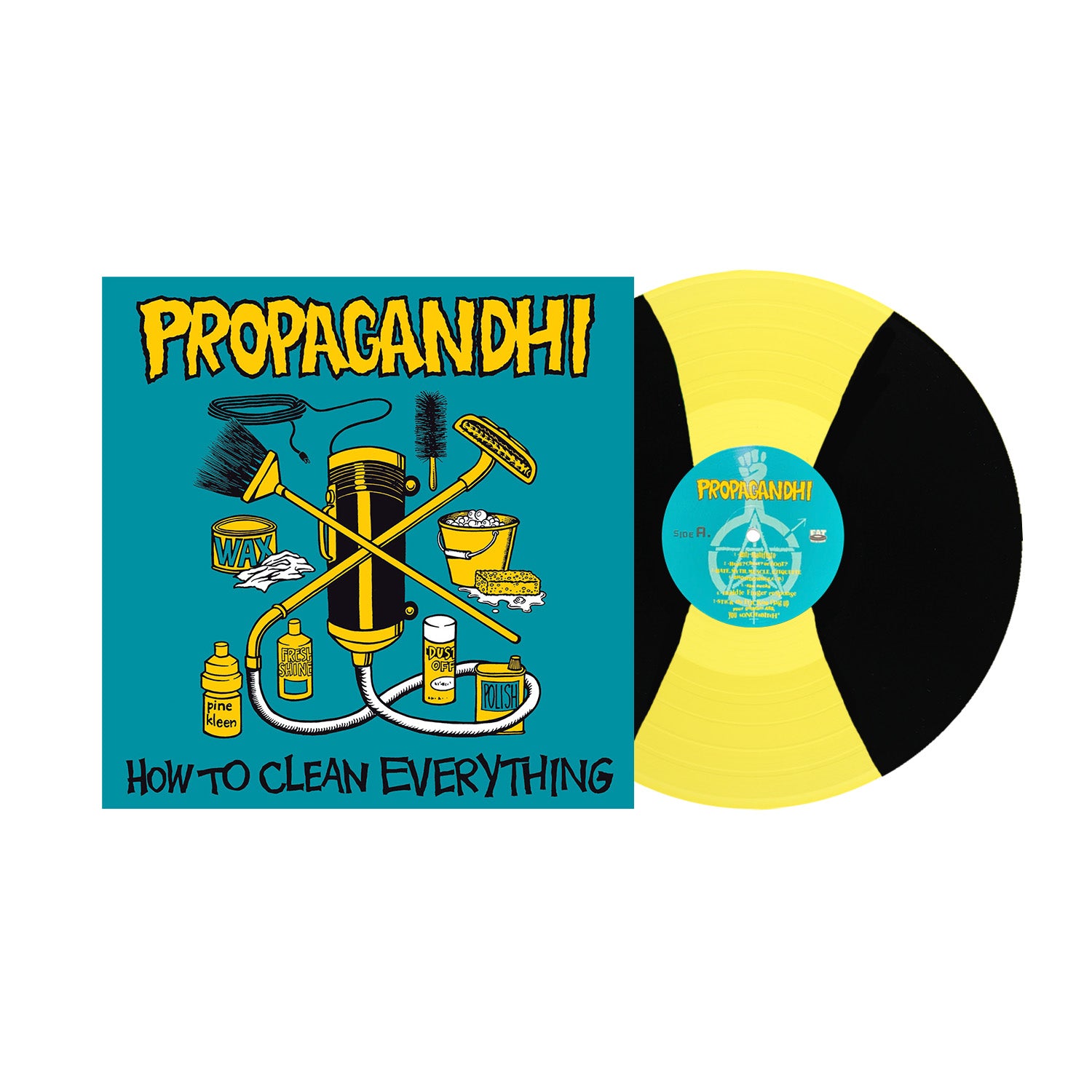 A limited edition half-yellow, half-black Propagandhi vinyl LP sits next to its "How To Clean Everything" cover, which features cartoon cleaning supplies on a teal background.